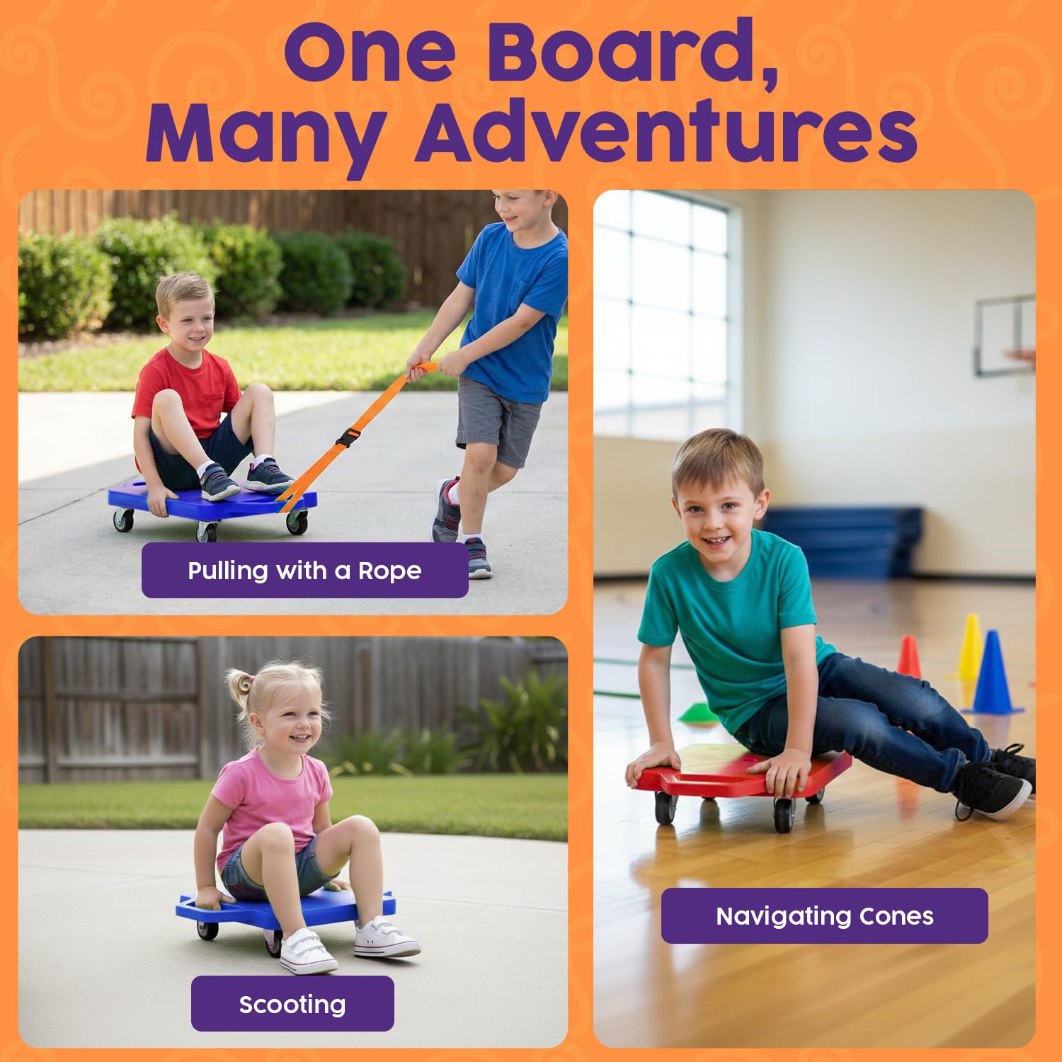 Hurtle Scooter Boards for Kids with Safety Handles, 2-Pack Heavy Duty Gym Floor Scooters with 360° Wheels for PE, Indoor Active & Sensory Play