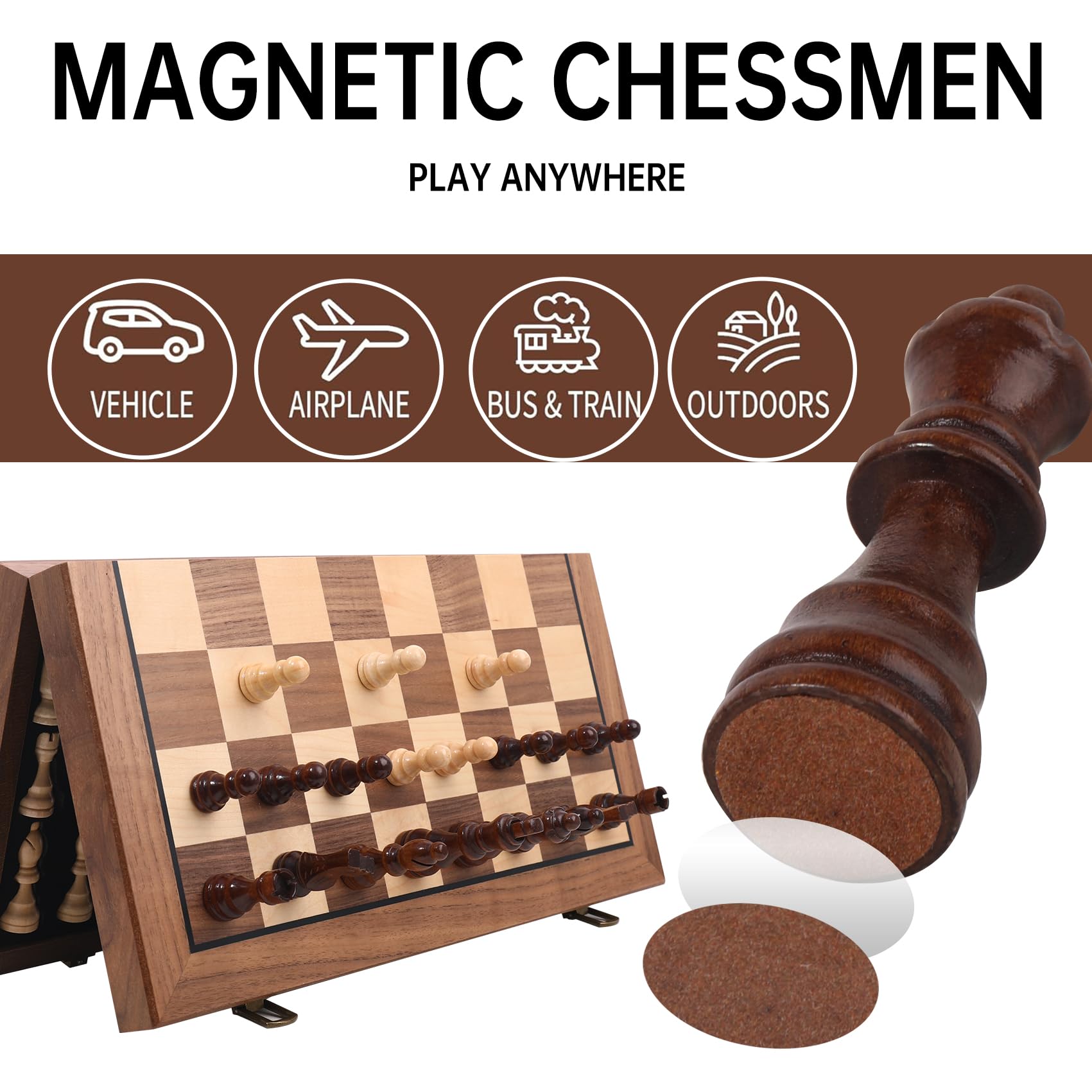 Ajedrez Magnetic Wooden Chess Set, 15" Walnut Folding Chess Board with Handcrafted Pieces 2 Extra Queens, Portable Travel Chess Board Game for Adults