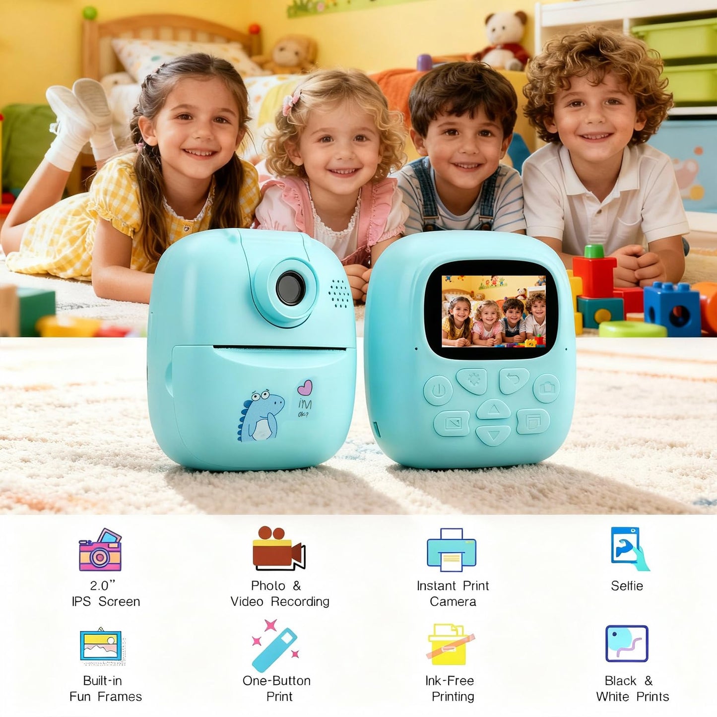 A19 Cute Instant Print Camera for Kids Perfect Birthday or for Girls and Boys Age 3-12, Fun HD Digital Video Camera Toy with 32GB SD Card, Blue