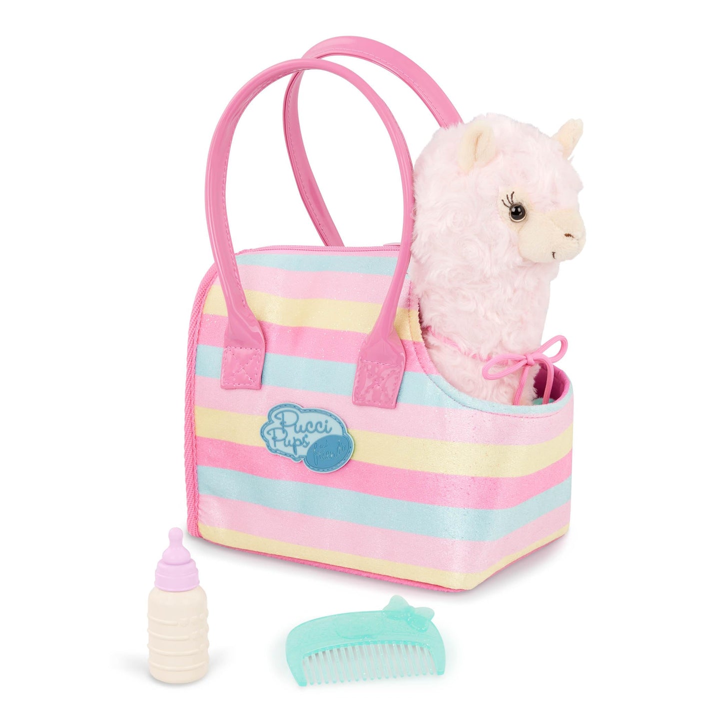 Pucci Pals Plush Llama Pet with Striped Carrier Bag, Comb & Bottle