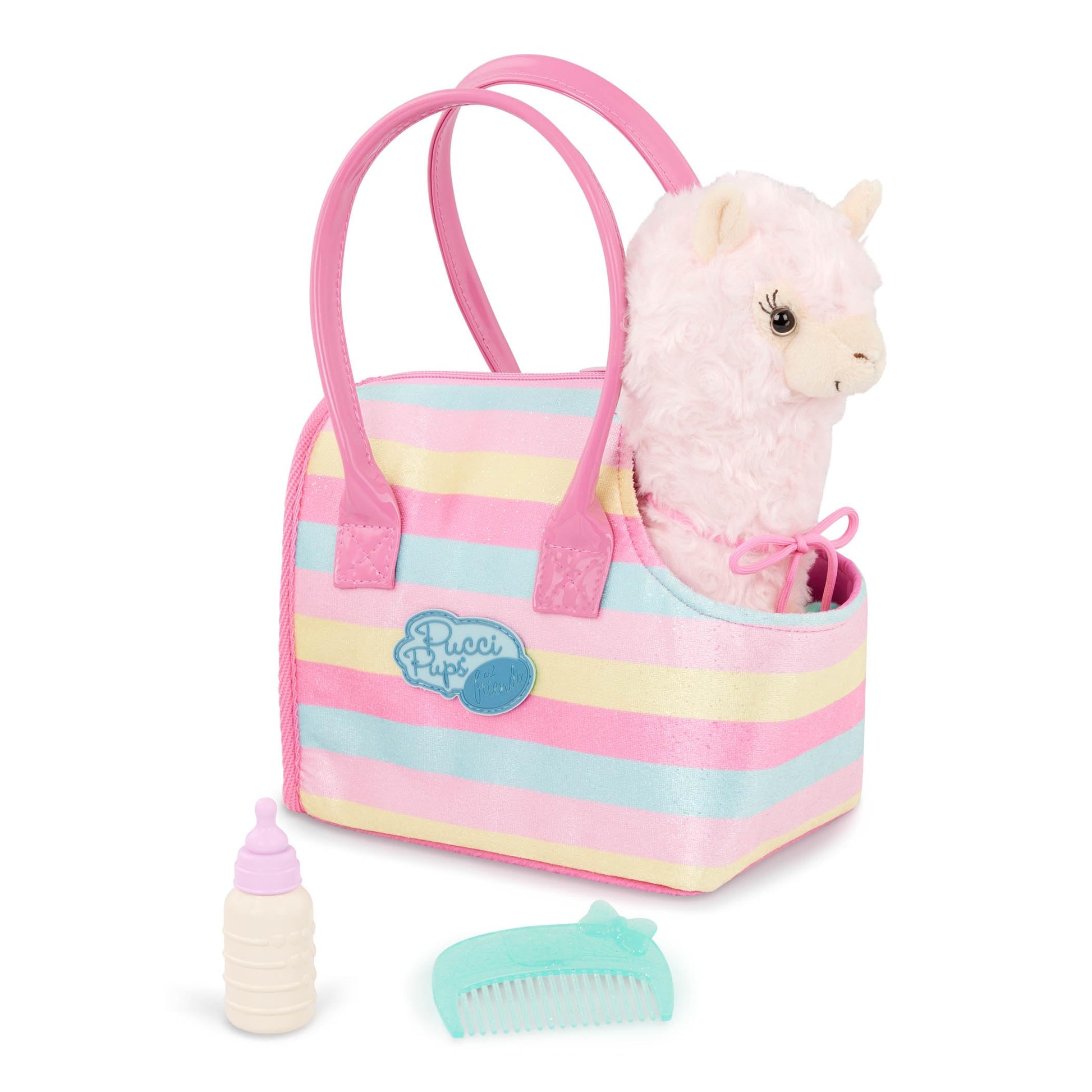 Pucci Pals Plush Llama Pet with Striped Carrier Bag, Comb & Bottle
