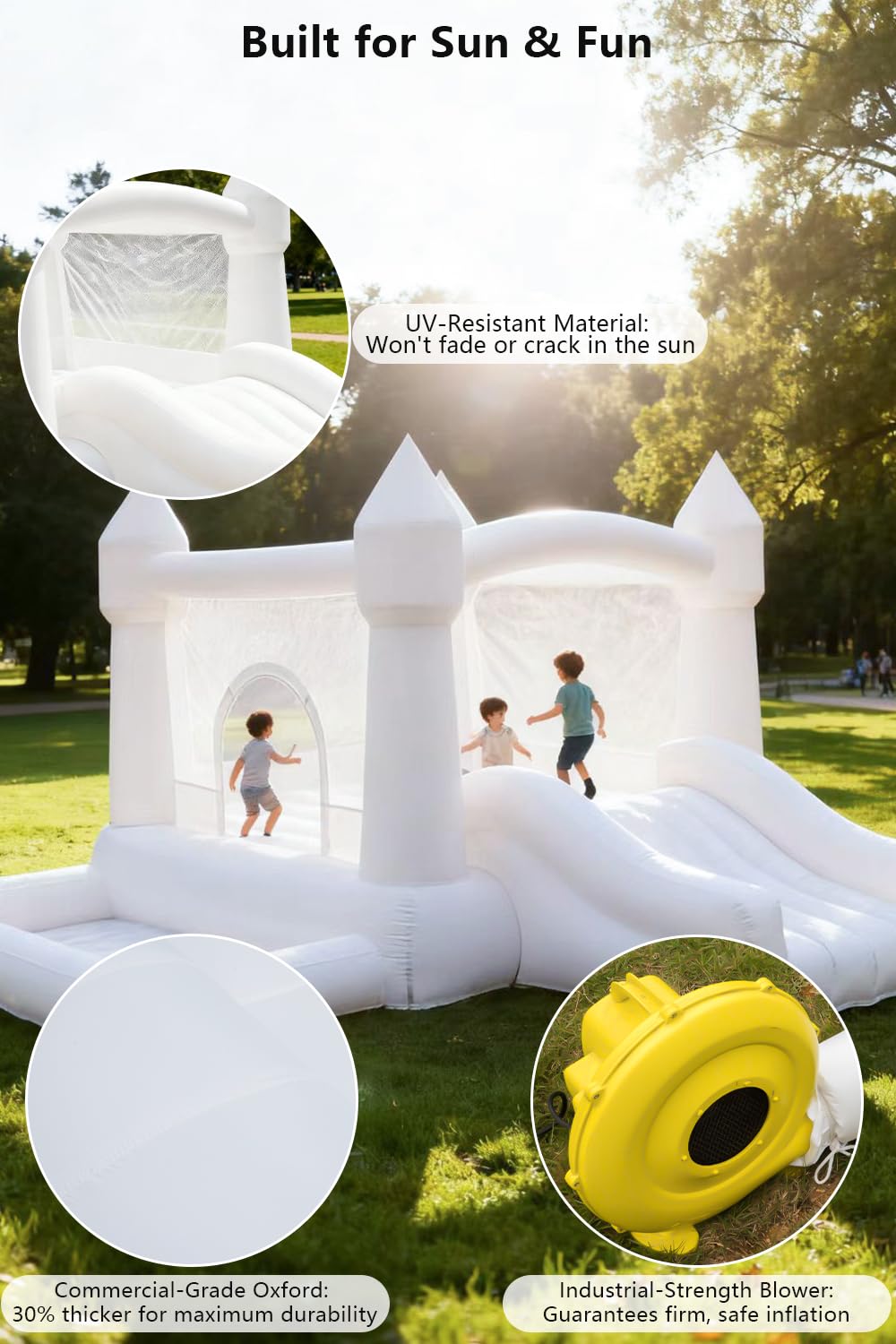 White Inflatable Bounce House Indoor/Outdoor, Jumper with Slide and Water Pool/Ball Pool for Outdoor Garden, Backyard Fun, Perfect for Wedding