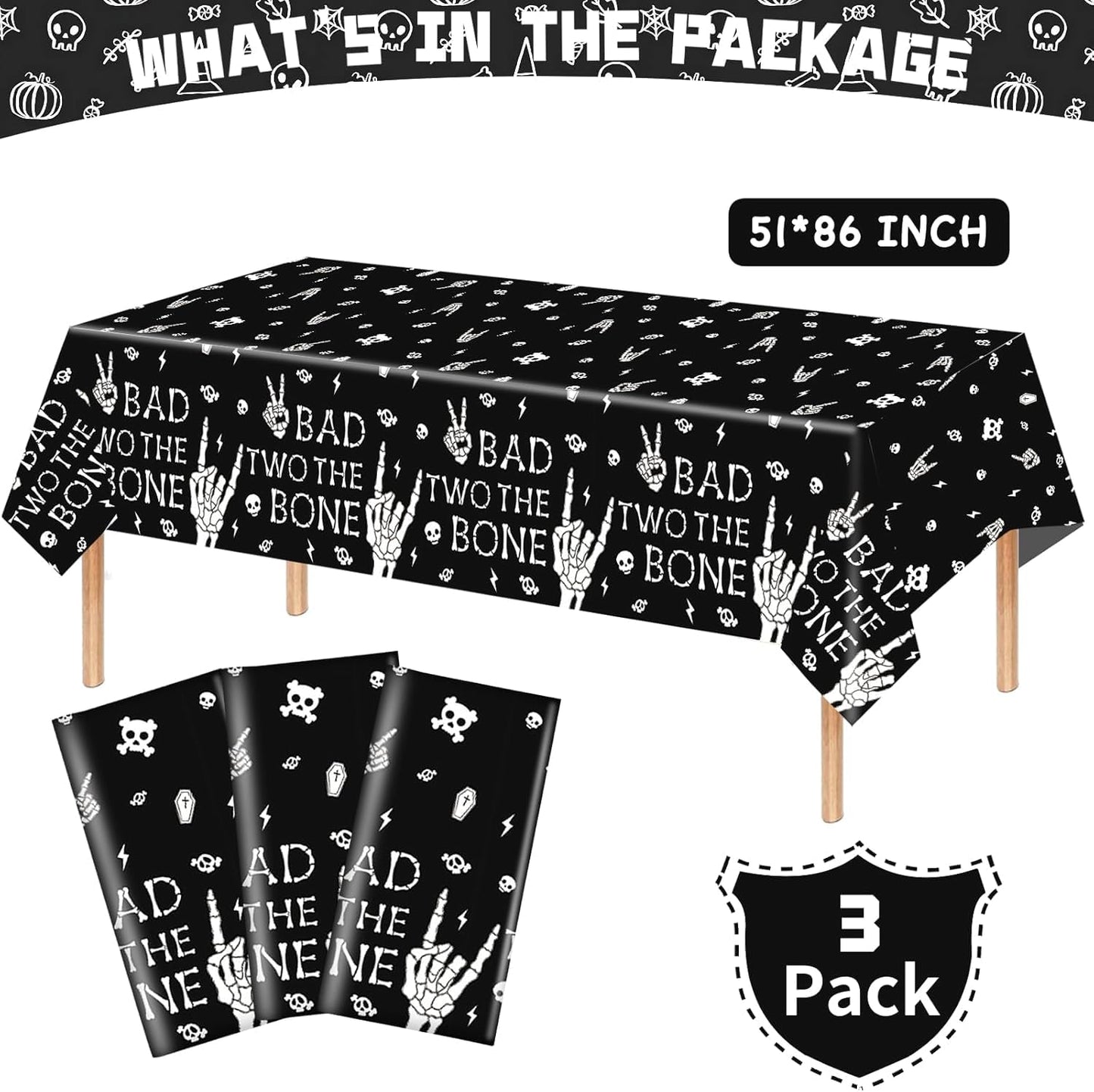 Ertyjikg 3 Pcs Bad Two The Bone Tablecloth Rock Roll 2nd Birthday Party Decorations Plastic Skull Tablecover Backdrop Background Banner for 2nd