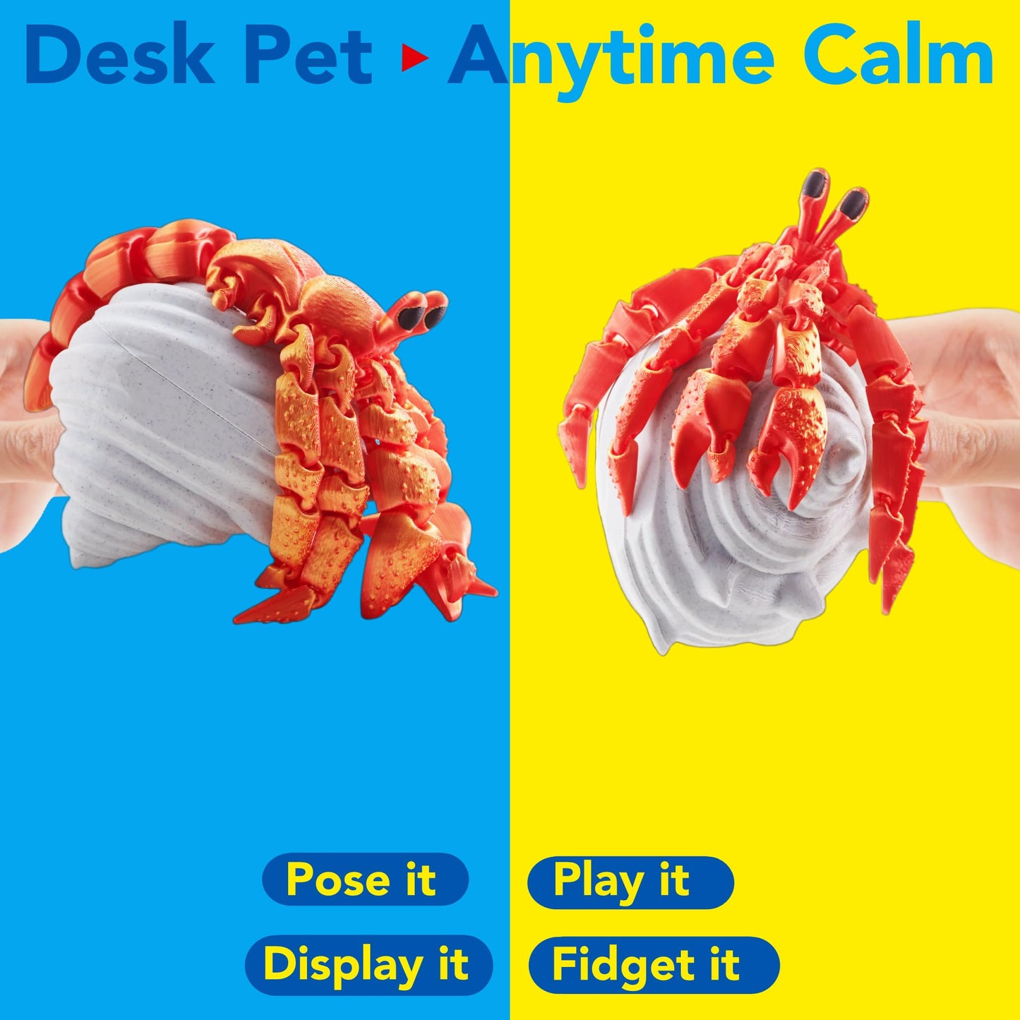 Maxdecoer 3D Printed Articulated Hermit Crab with Removable Shell, 8" Flexible Crab Desk Pet, Movable Sea Animal Figure, Collectible Gift for Ocean