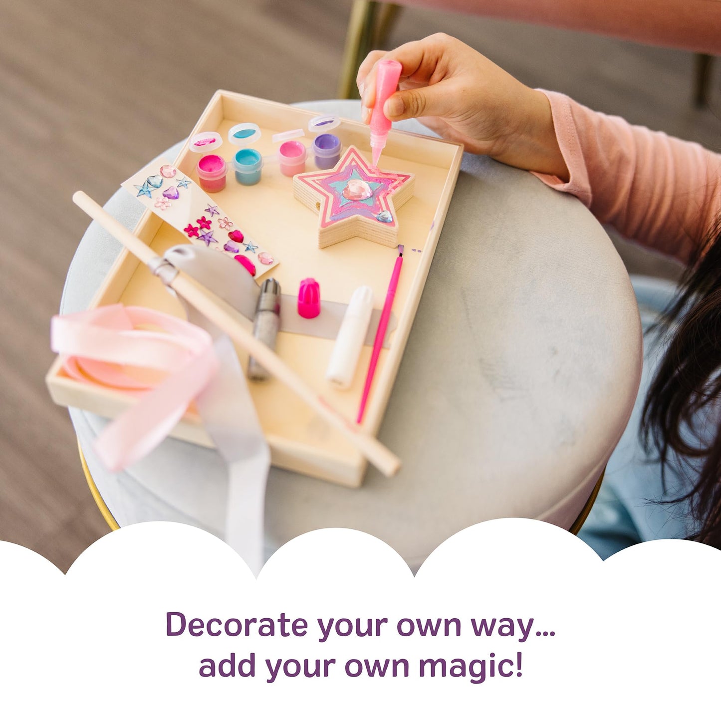 Melissa & Doug Created By Me! Paint & Decorate Your Own Wooden Princess Wand Craft Kit, Pink Princess Crafts Great for Rainy Days, Toys for Kids Ages