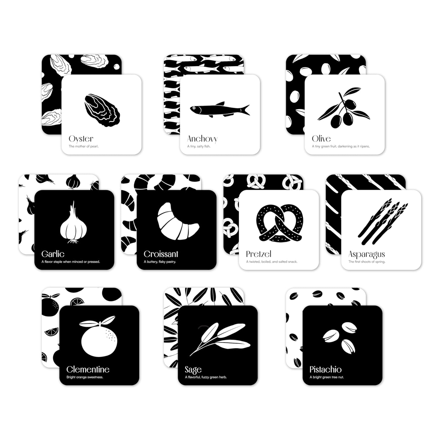 Gourmet for Baby High Contrast Sensory Learning Toy 10 Black & White Flash Cards of Food Shapes. Tummy Time Pillow Games Curious Baby Toys Activity