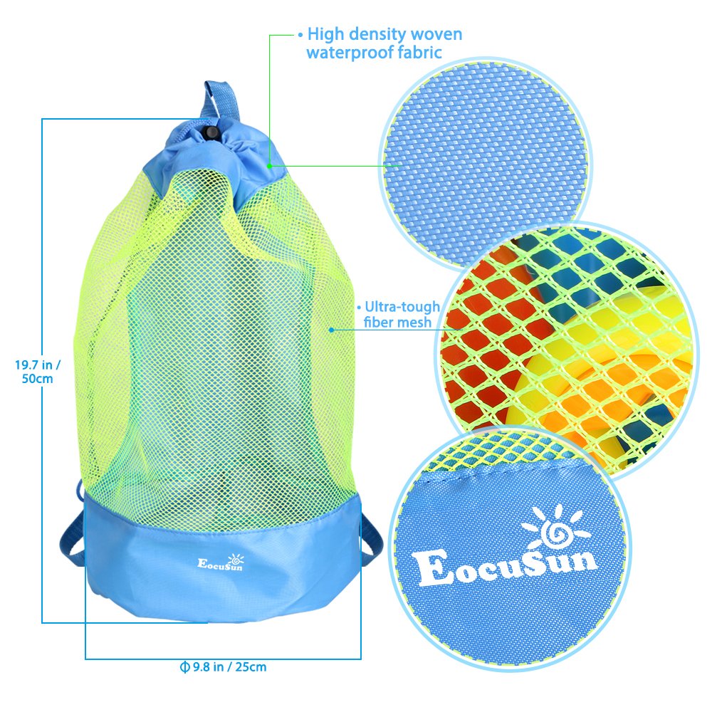 EocuSun Large Mesh Beach Bag Tote Durable Sand Away Drawstring Backpack Swim and Pool Toys Balls Storage Bags Packs, Stay Away From Sand and Water