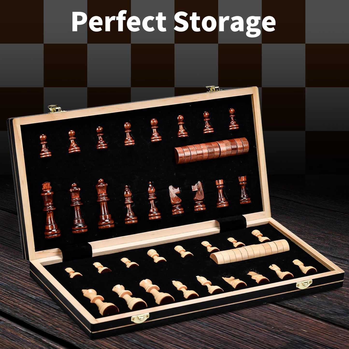 Aissom Magnetic Wooden Chess Set, 2 in 1 Chess Set, 15" Chess Set with Storage and 2 Extra Queens, Foldable for Parties and Family Activities, Travel