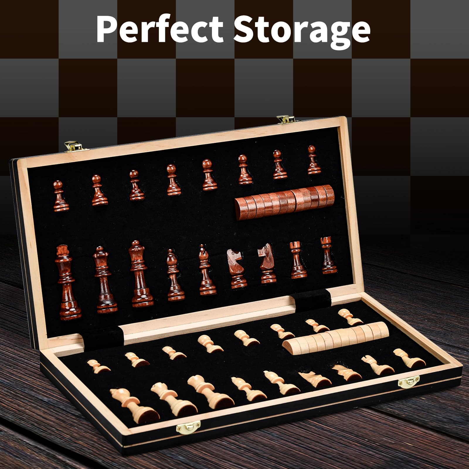 Aissom Magnetic Wooden Chess Set, 2 in 1 Chess Set, 15" Chess Set with Storage and 2 Extra Queens, Foldable for Parties and Family Activities, Travel