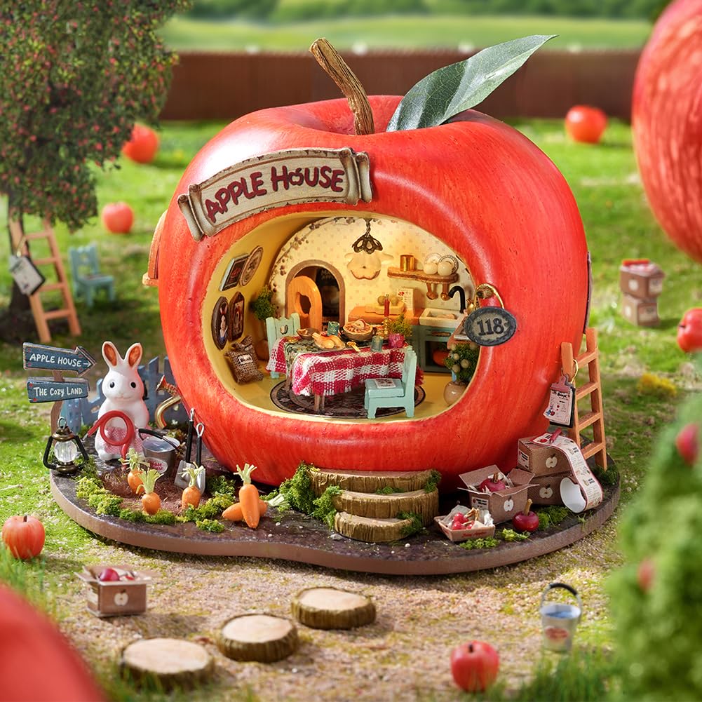 IiecrKiie DIY Miniature Dollhouse Set with Furniture and LED Lighting, Creative Room Handicraft Gift (Apple House)