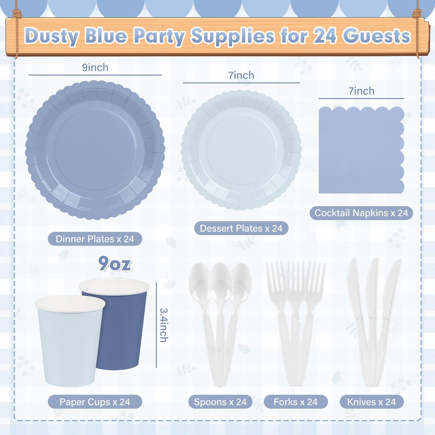 168 Pcs Dusty Blue Paper Plates and Napkins, Baby Blue Paper Plates Party Supplies for 24 Guests Include Gradient Scalloped Plates Paper Napkin Cup