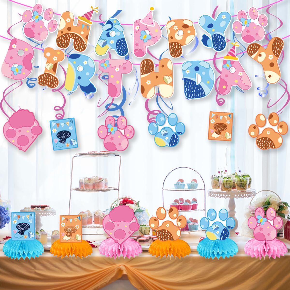 Blue and Pink Dog Birthday Party Supplies, Cute Dog Party Decorations -Banner -6 swirl-6 Honeycomb Centerpieces
