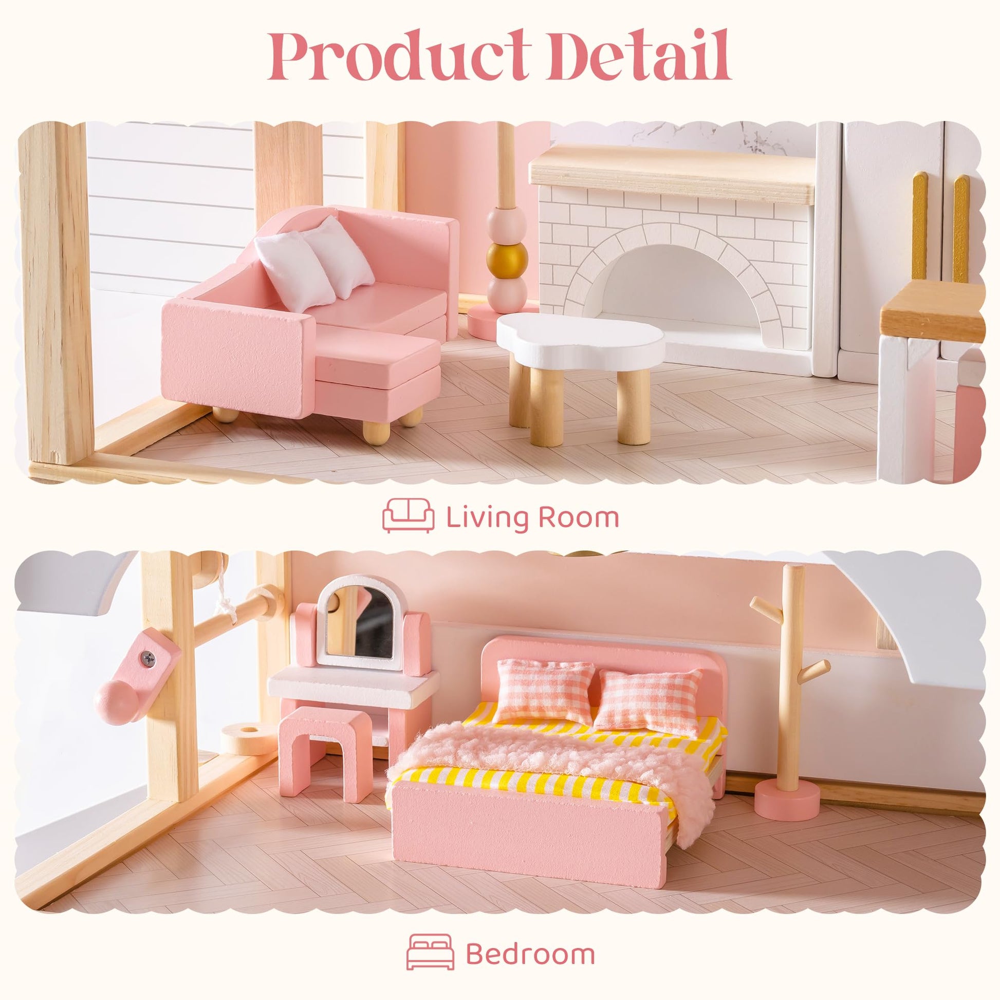 ROBUD Wooden Dollhouse Furniture Set, 28 Pcs Doll House Accessories, Miniature Furniture Including 6 Room Kits, Pretend Play Toys, Gift for Boys