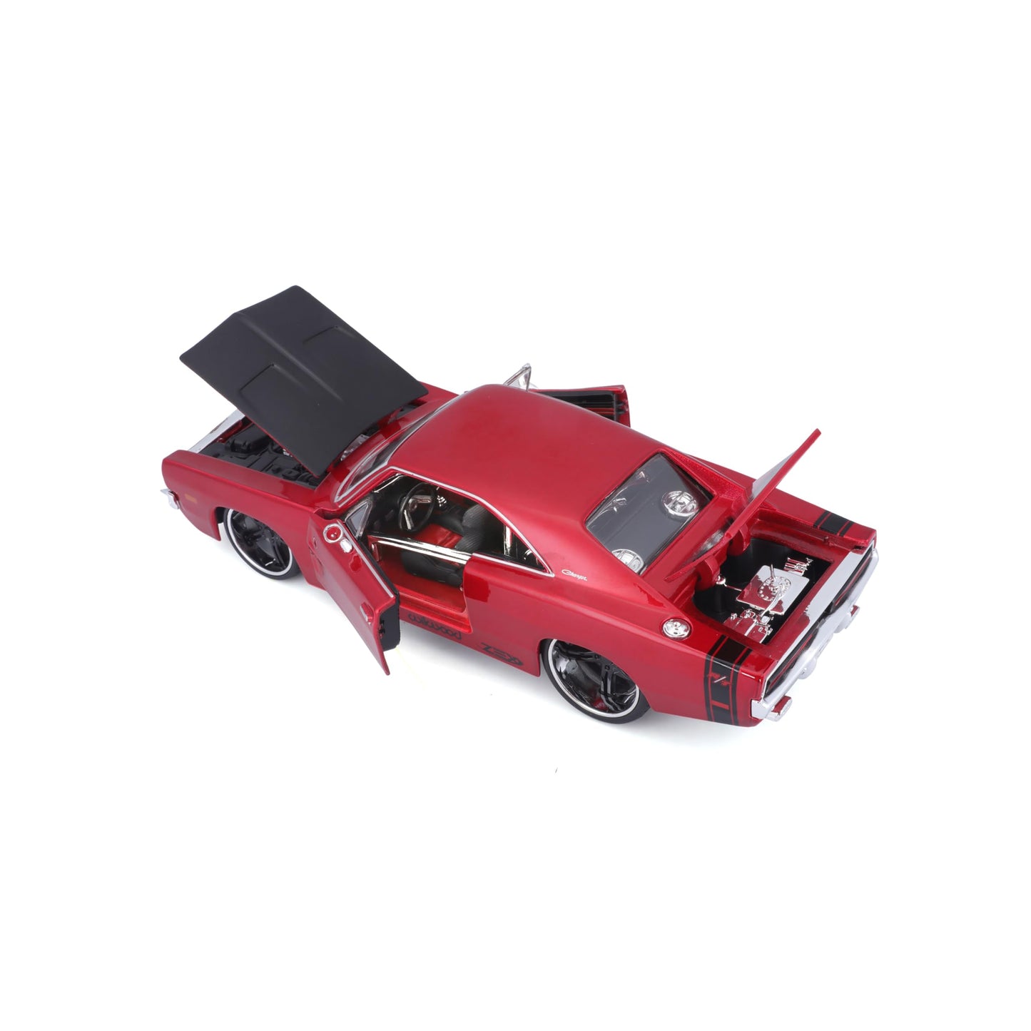1969 Dodge Charger R/T Red Metallic with Black Hood and Black Stripes Classic Muscle 1/25 Diecast Model Car by Maisto