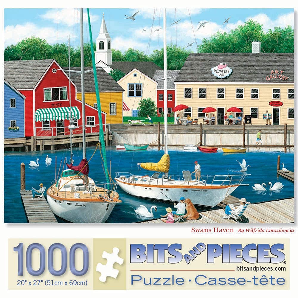 Bits and Pieces - 1000 Piece Jigsaw Puzzle for Adults 20" x 27" - Swans Haven - 1000 pc Boat Sea Town Cape Summer Jigsaw by Artist Wilfrido