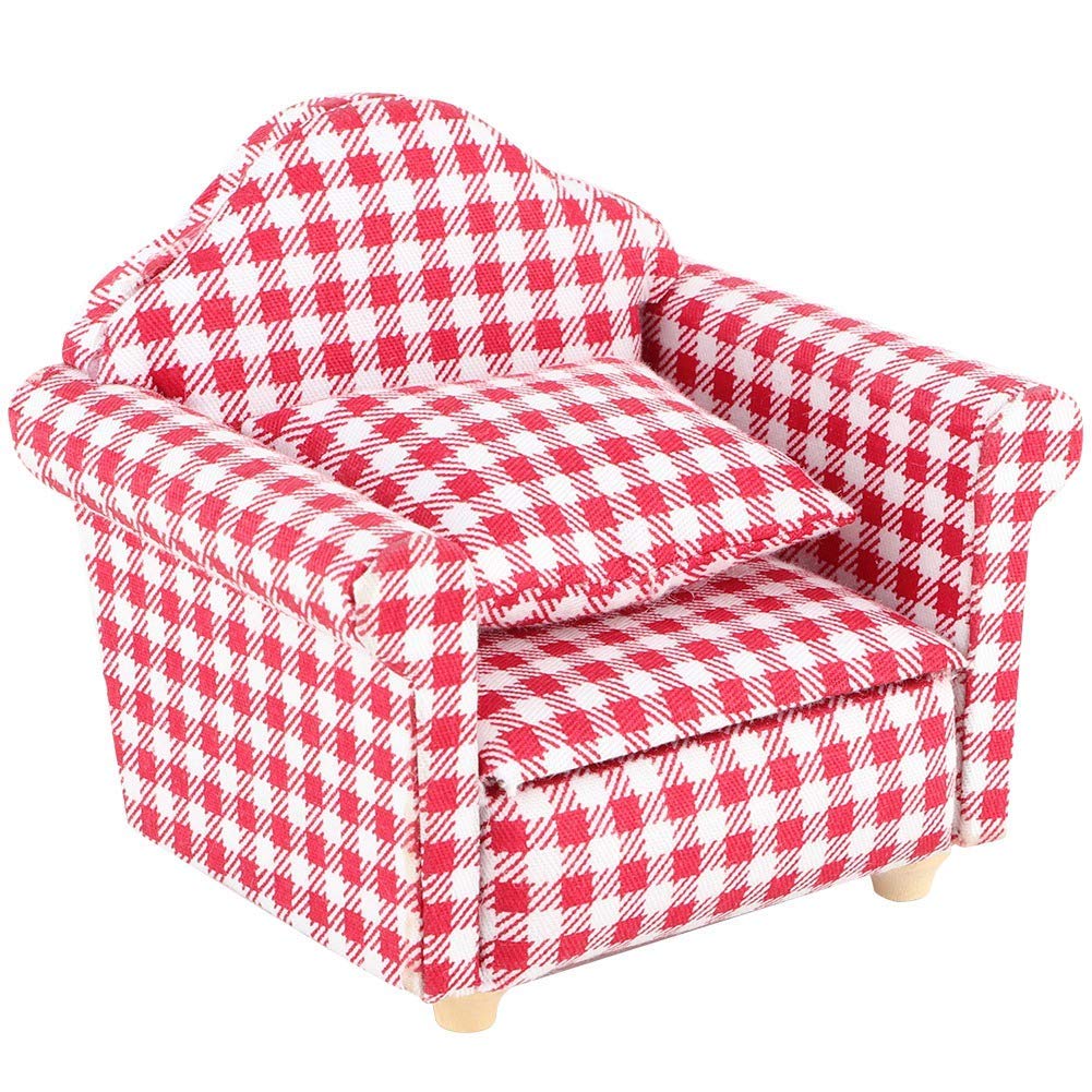 SXFSE Dollhouse Sofa Arm Chair, 1:12 Scale Wooden Dollhouse Miniature Funiture Decor Couch with Pillow