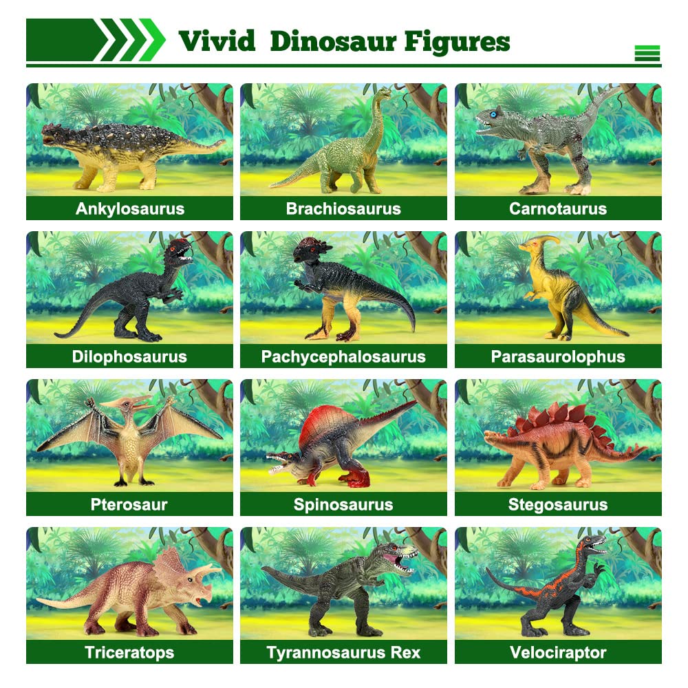 FRUSE Jurassic Dinosaur Toys,12 PCS Realistic Dino Figurines,Educational Dino Figure Playset with Information Dino Book,Dinosaur Toys for Kids 3-5