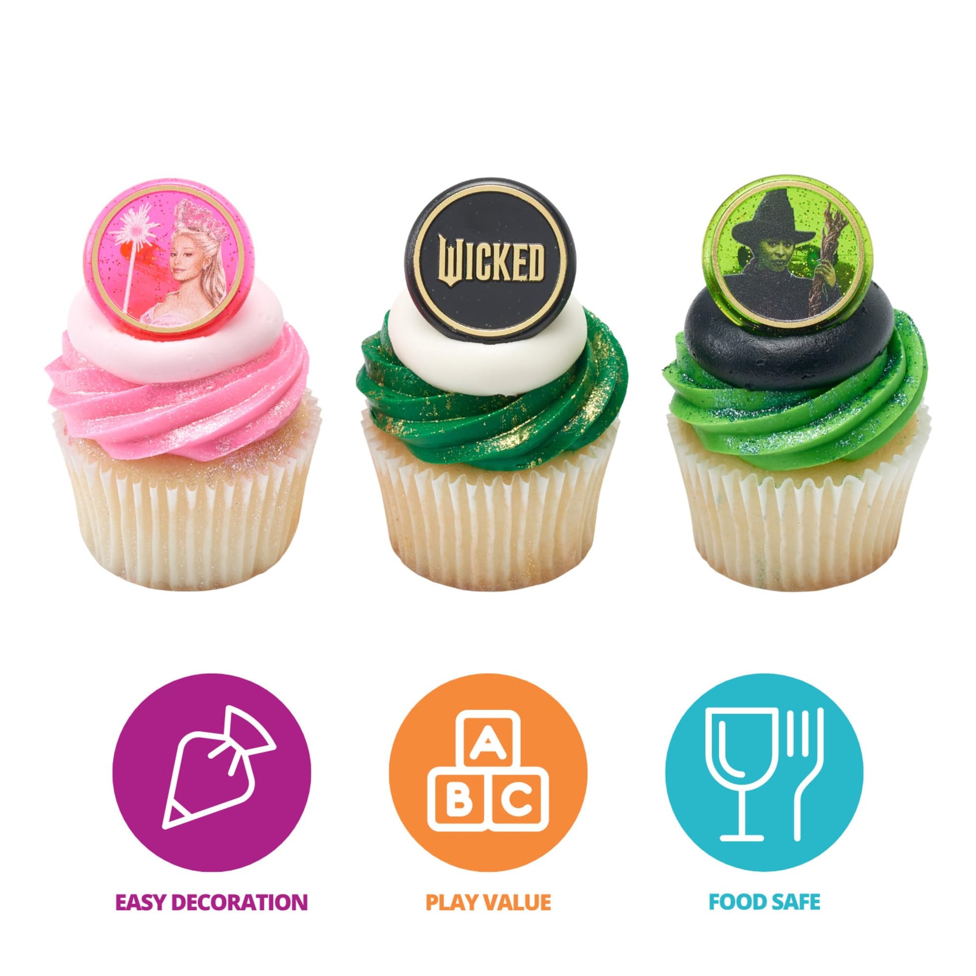 Wicked Cupcake Rings With Glinda And Elphaba, 24 Cupcake Toppers For Cakes, Birthday's, Celebrations, Food Safe Cake Decorations - 24 Pack