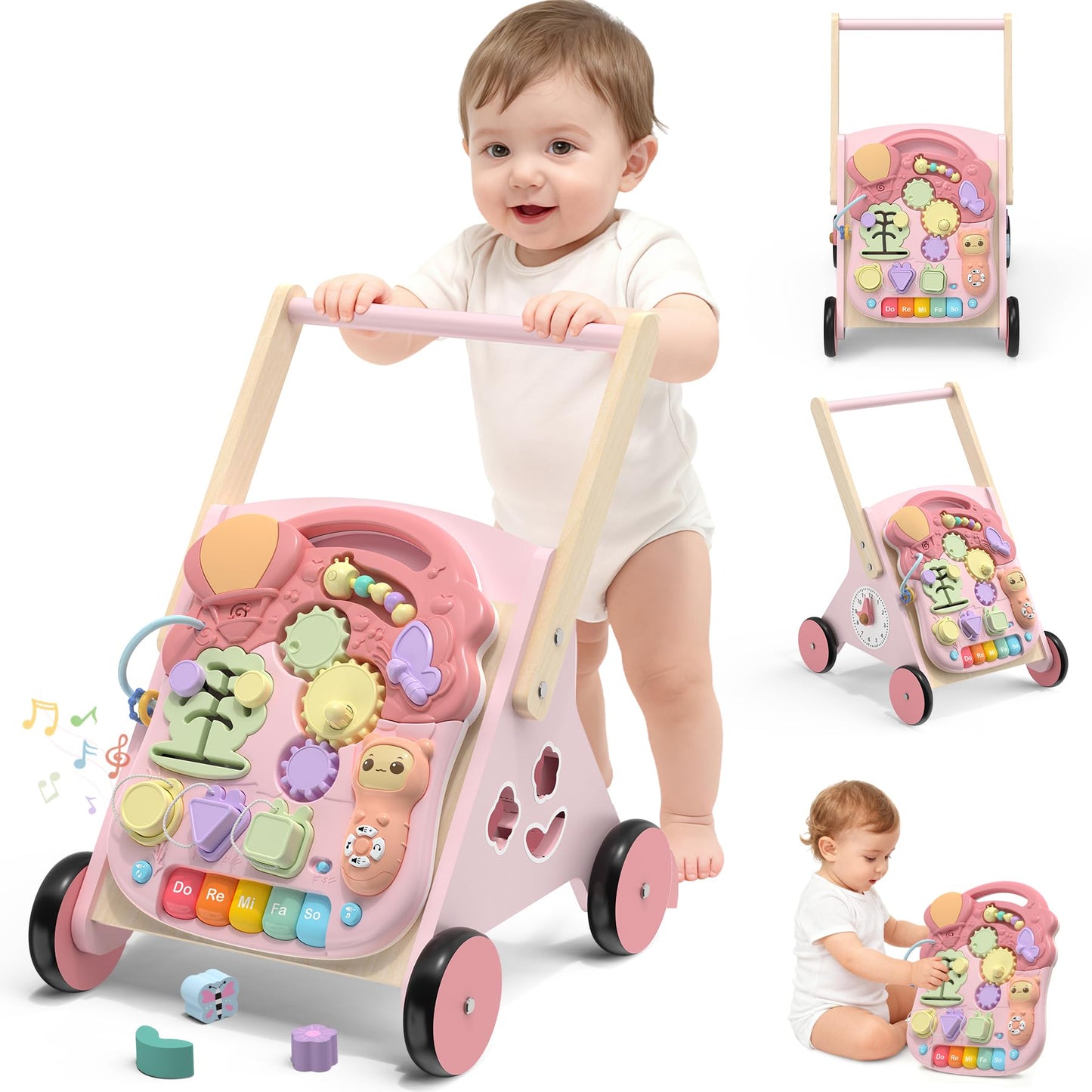 CHIAKBDK 2 in 1 Wooden Baby Walker and Activity Center for Girls Boys Sit-to-Stand Learning Toy Kids Montessori Educational Push Toys with Music