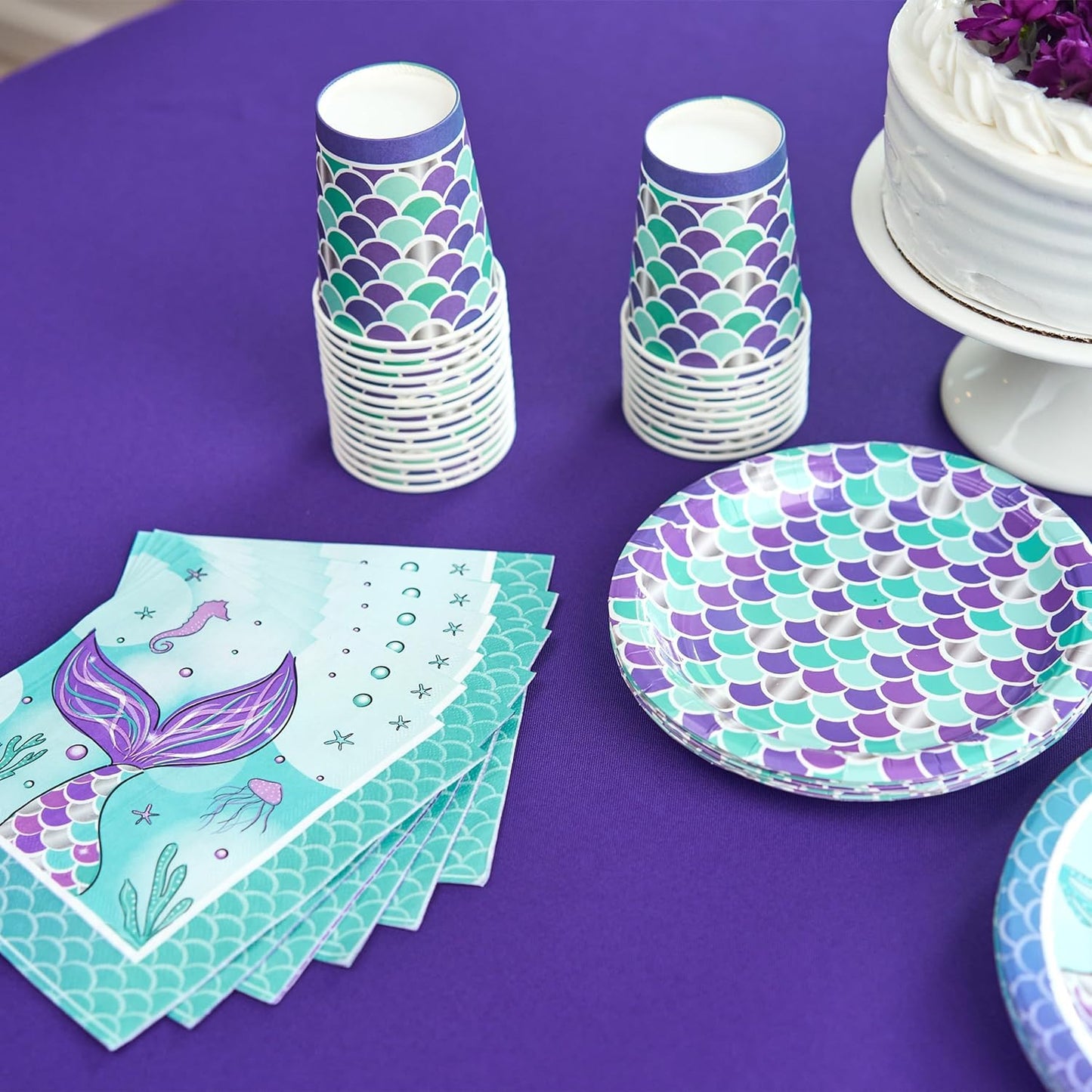 Royal Bluebonnet Mermaid Party Plates - 24 Sets of Purple Mermaid Paper Plates and Napkins Supplies, Sturdy 400 GSM Paper Products for Under the Sea