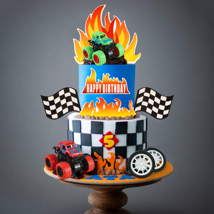 Truck Cake Toppers Truck Cake Decorations Flame Blaze Wheel Race Car Cake Toppers for Truck Themed Racing Car Decorations Supplies (Truck)
