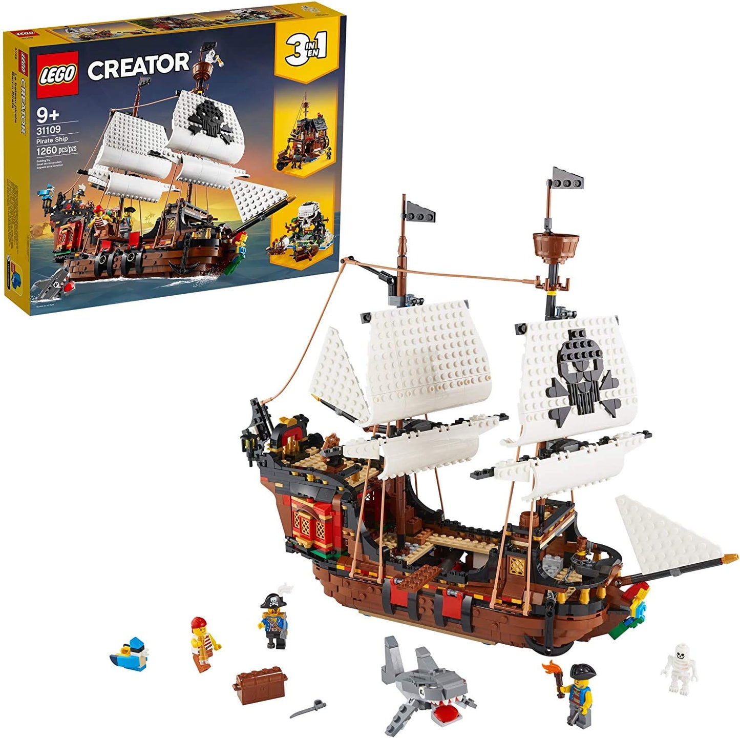 LEGO Creator 3 in 1 Pirate Ship Building Set, Kids can Rebuild The Pirate Ship into an Inn or Skull Island, Features 4 Minifigures and Shark Toy