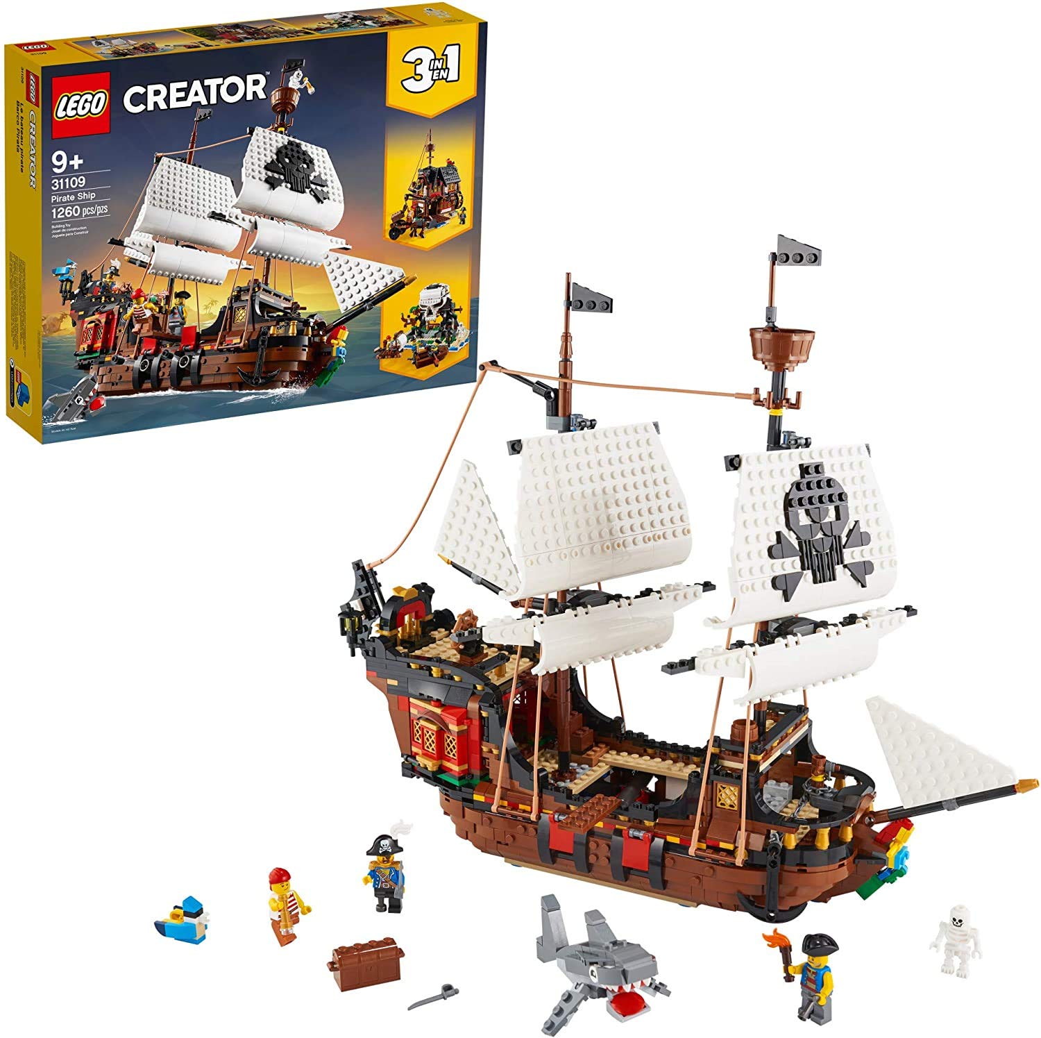 LEGO Creator 3 in 1 Pirate Ship Building Set, Kids can Rebuild The Pirate Ship into an Inn or Skull Island, Features 4 Minifigures and Shark Toy