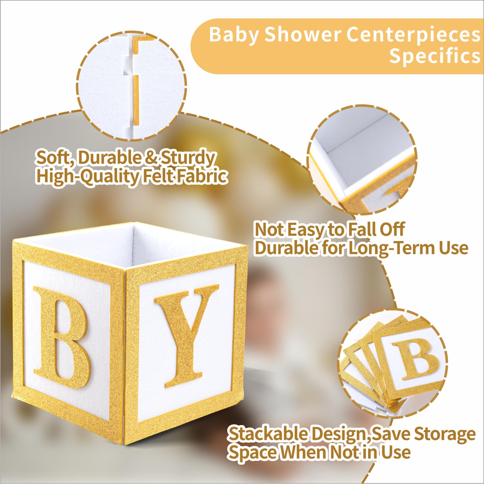 Buecobby 6 Set Baby Shower Centerpieces for Table 8 Inch Felt Boxes with Baby Letters for Boy/Girl Neutra,Baby Shower, Gender Revea Party Table Decor