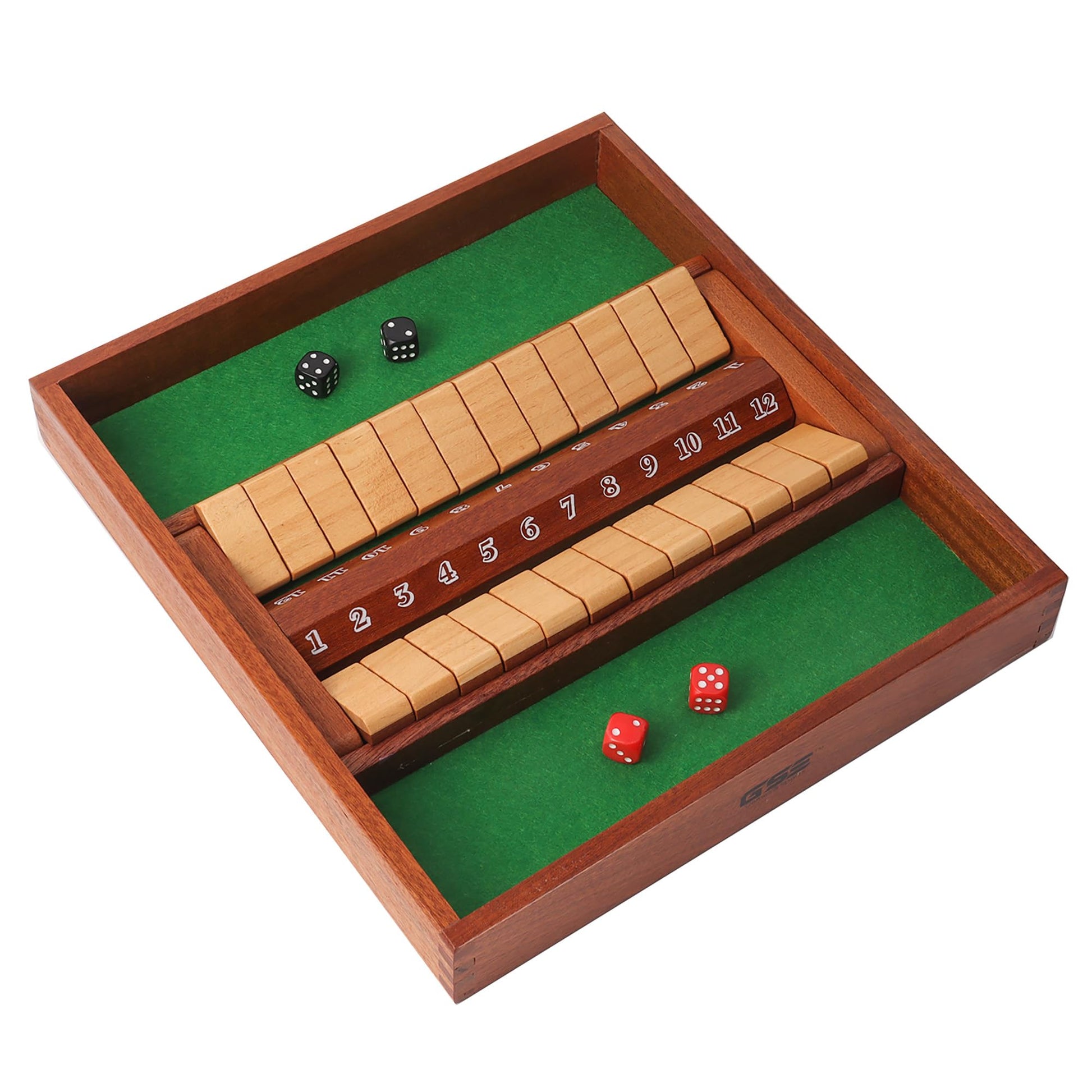 GSE Games & Sports Expert 2-Player Wooden Shut The Box 12 Numbers Dice Game Board with Red/Black Dice. Classic Tabletop Version of The Popular English