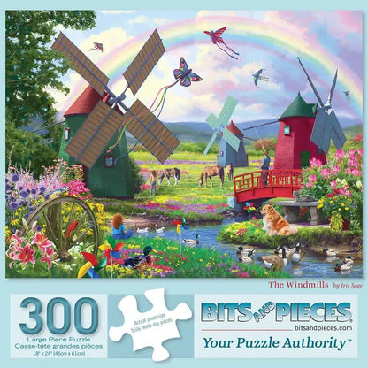 Bits and Pieces 300 Piece Puzzles for Adults 300 Large Pieces 18" x 24" Jigsaw Puzzles, Windmills Rainbow Butterfly, Random Die Cut, No 2 Pieces