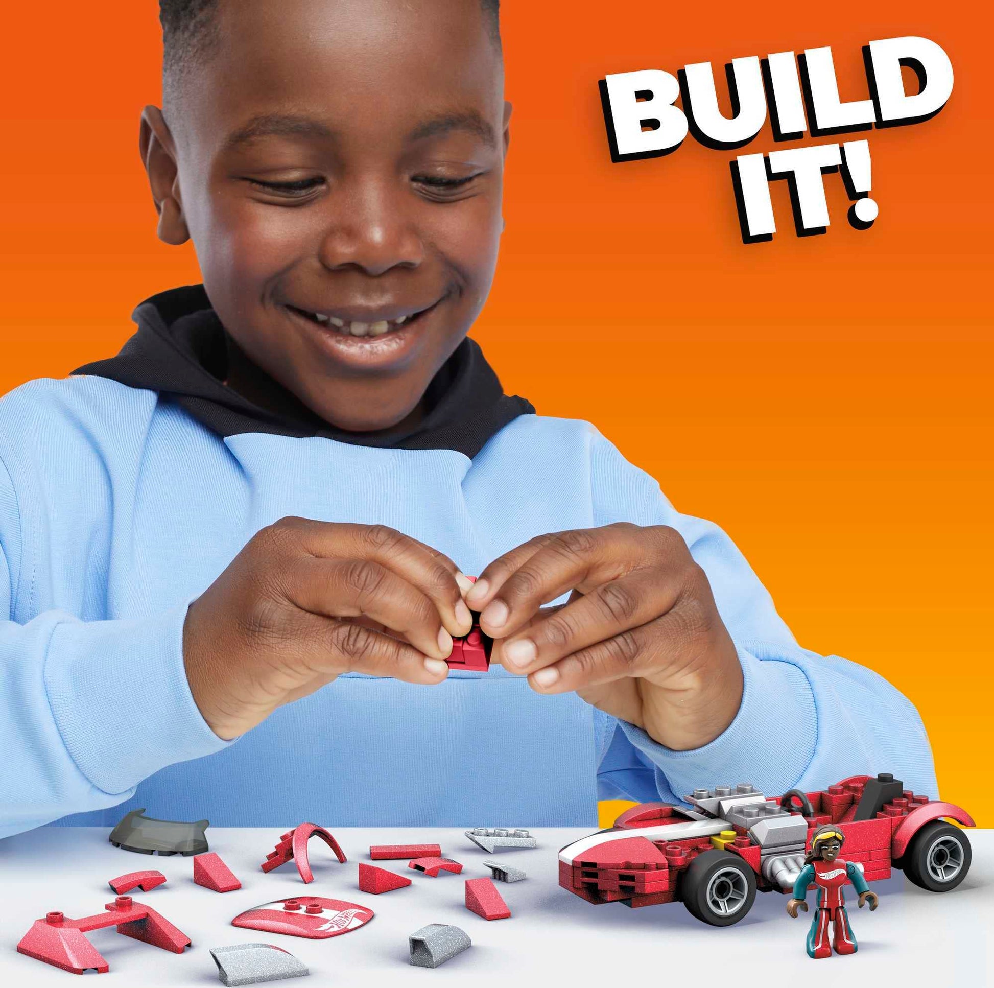 Mega Hot Wheels Twin Mill racecar building set with 101 pieces with micro figure driver figure, toy gift set for ages 5 and up