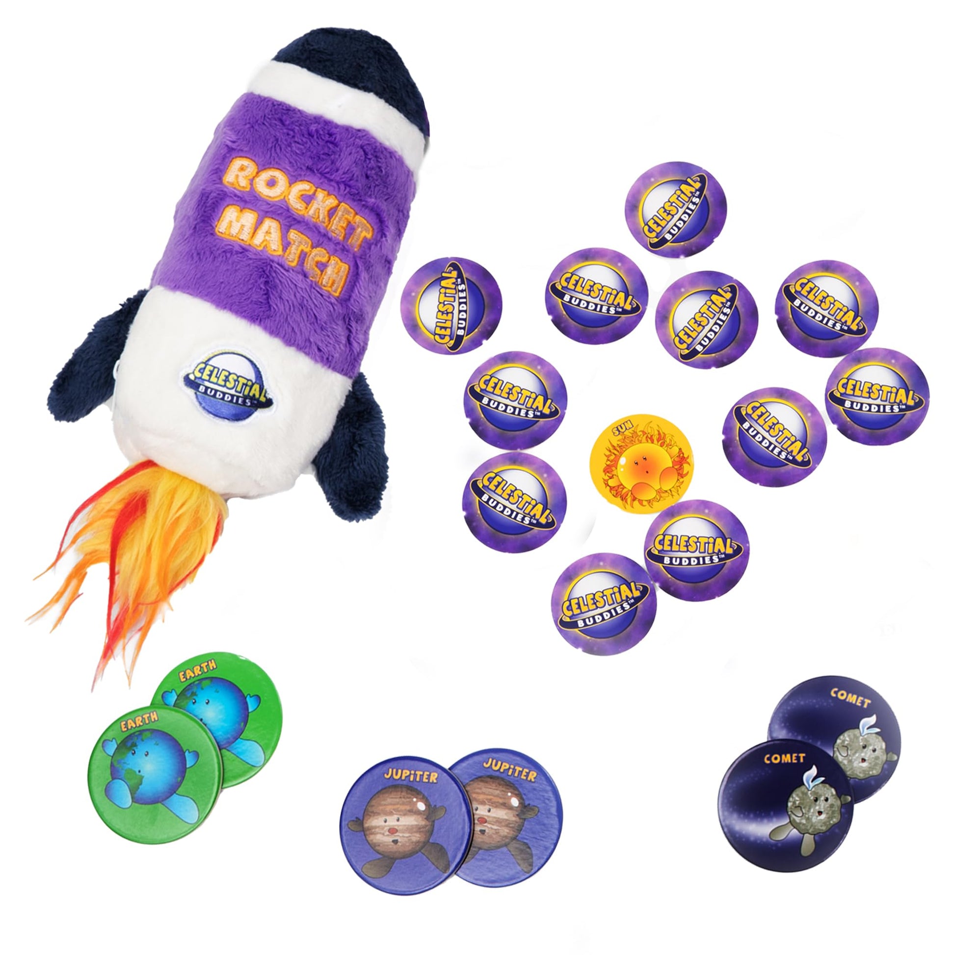 Celestial Buddies Rocket Match Memory Matching Game - Soft Stuffed Plush Rocket Case with Planetary Tiles for Toddlers & Preschoolers, STEM Learning