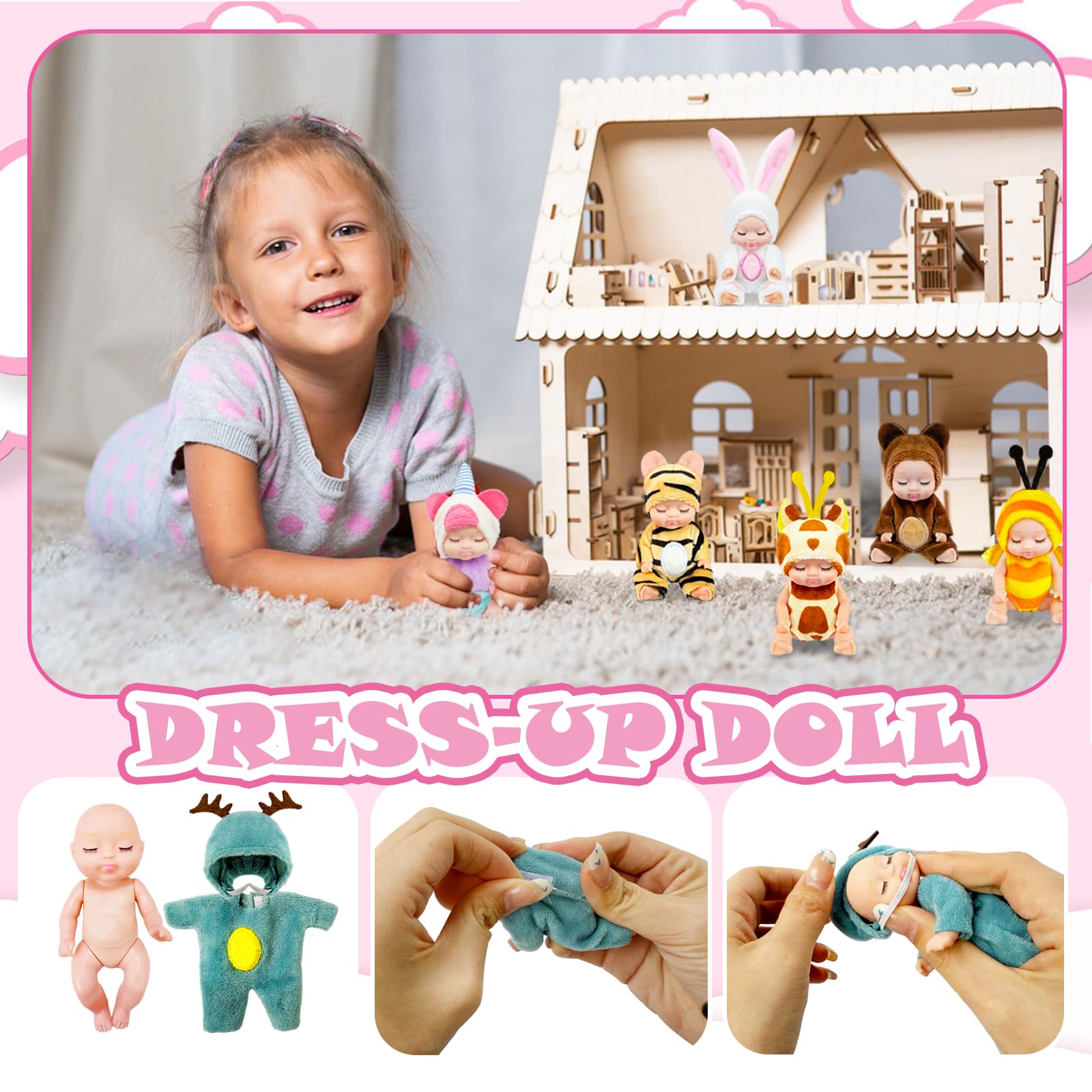 Haawooky 6 Pcs 4 Inch Mini Baby Dolls,Cute Small Baby Doll Toys with 8 Pcs Animal Clothes,Lifelike Realistic Reborn Tiny Baby Dolls for Kids Baby