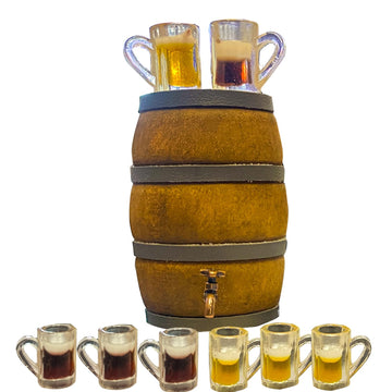 9Pcs Mini Beer Barrel Decor Miniature Wooden Figurine Wine Barrel Model with Faucet and Wine Glass Suitable for Fairy Garden Bar Doll House Decoration
