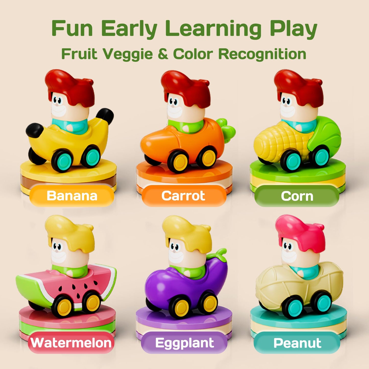 iPlay, iLearn Press to Go Car Toys for Toddlers 1-3, Baby Fruit Racing Cars