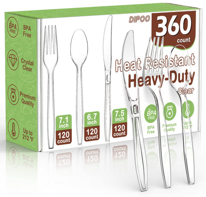 360 Count Plastic Silver Ware Heavy Duty, 120 Forks, 120 Spoons, 120 Knives, Heat Resistant & BPA Free Disposable SilverWare, Disposable Cutlery set
