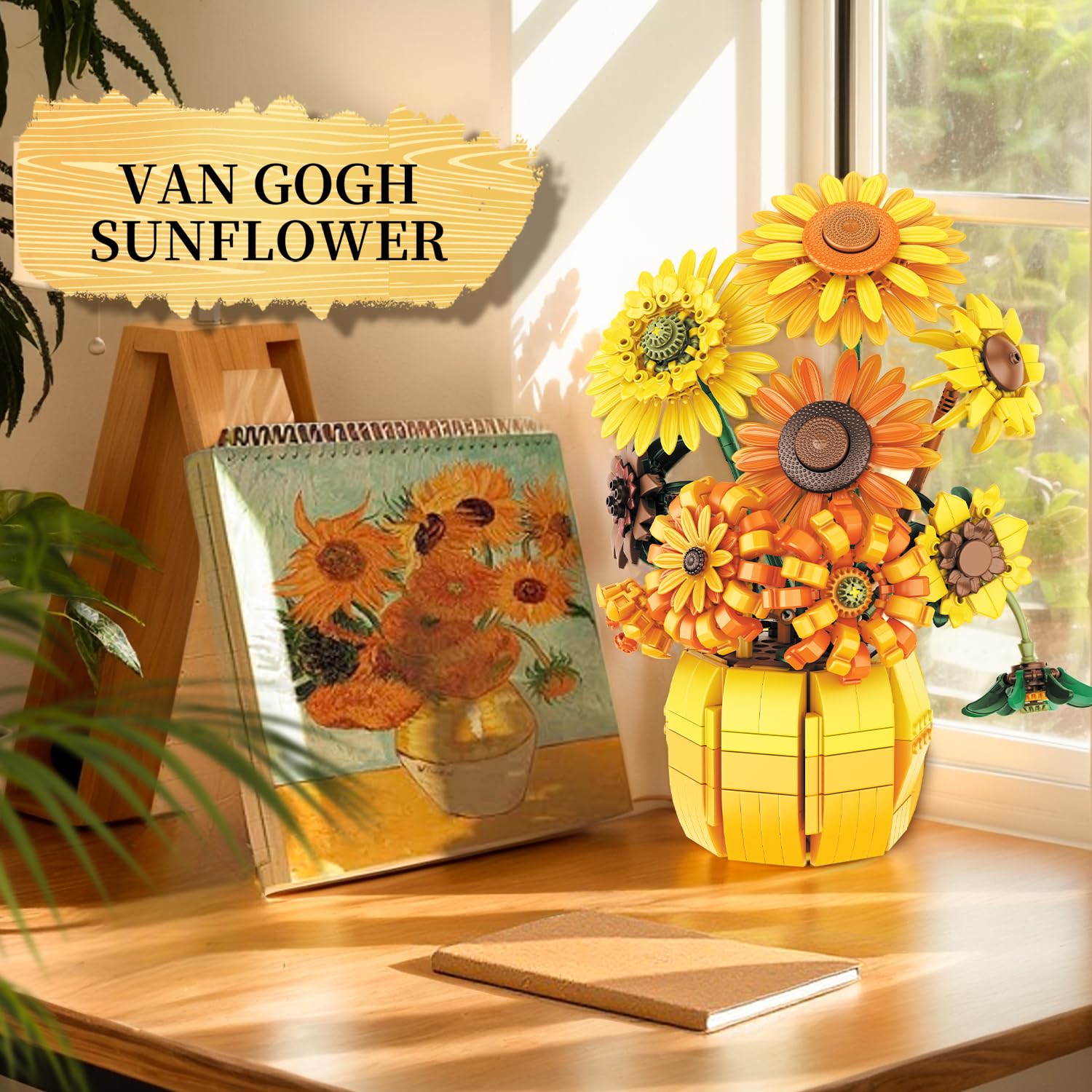 Van Gogh Sunflower Building Set, Adjustable Flowers Bouquet for Adults Teens, 1009PCS Botanical Collection Compatible with Lego, Home Decor, Gift