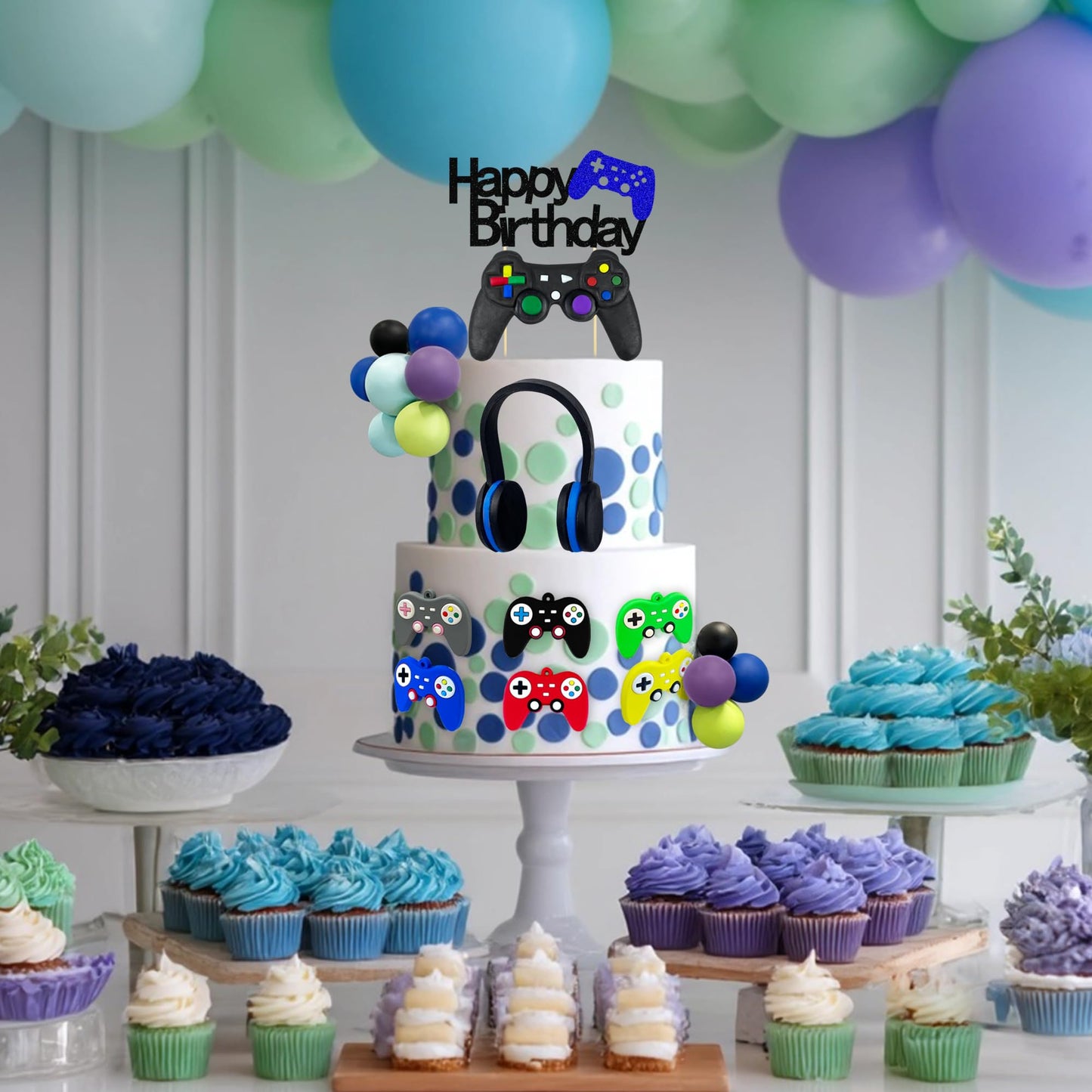 21 PCS Video Game Birthday Cake Toppers Controller Headset Ball Cake Decoration for Video Game Theme Birthday Party Supplies
