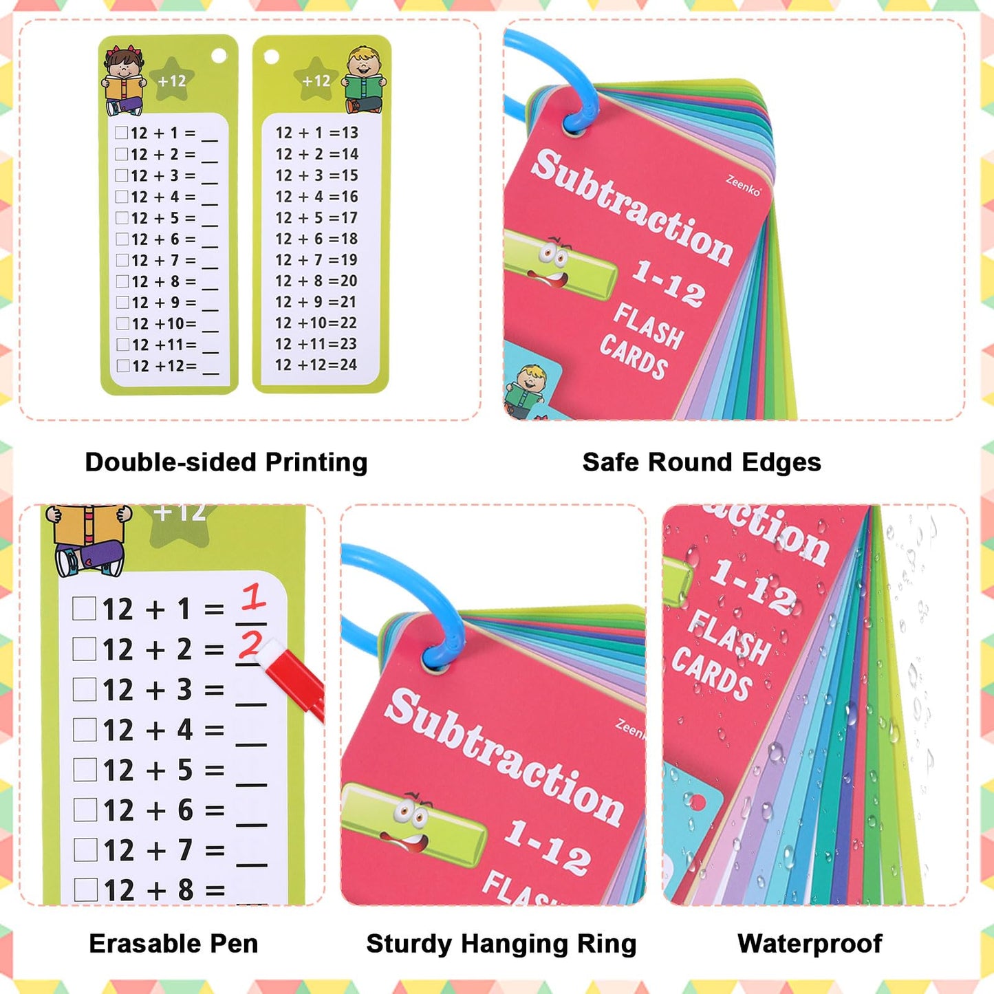 30PCS Reusable Addition and Subtraction Flash Cards with 4 Dry Erase Pens 2 Rings,Math Flash Cards for 1st to 3rd Grades,Math Games for Classroom