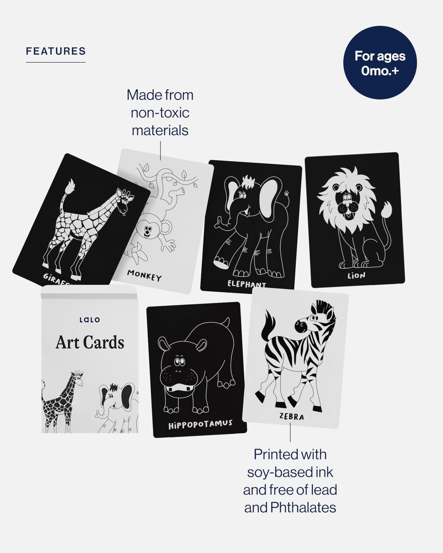 Lalo Art Cards - Set of 6 High Contrast Baby Cards for Infants - Black and White Newborn Visual Stimulation Cards for Brain Development, Tummy Time