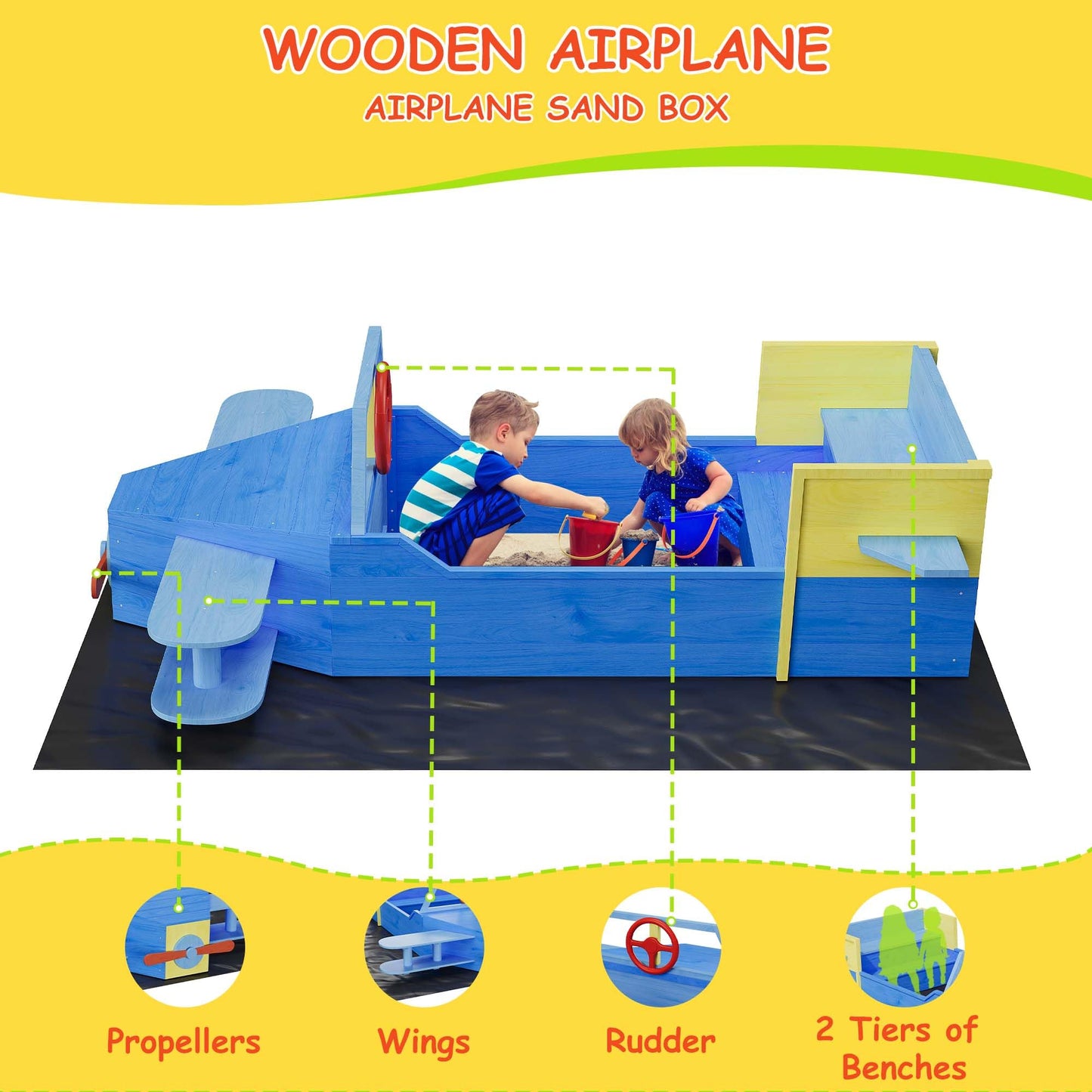 Wooden Sandbox, Outdoor Sand Box Bottom Liner, Adjustable Height & Rotatable Canopy for Ages 3-8, Spacious Kids Sand Pit for Beach, Patio, Backyard