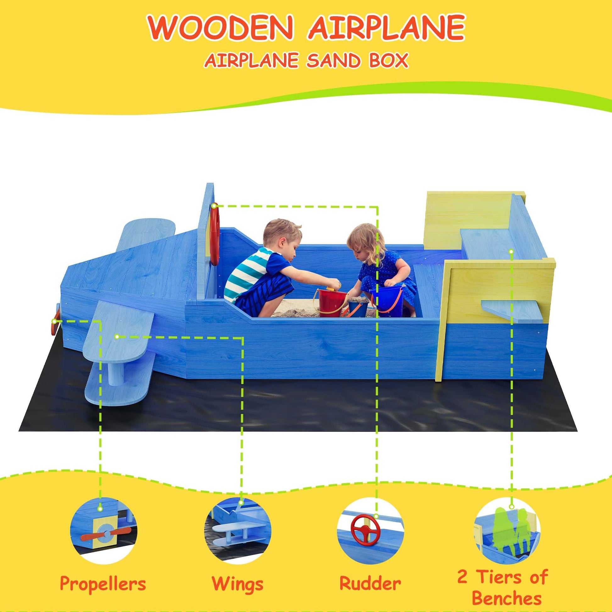 Wooden Sandbox, Outdoor Sand Box Bottom Liner, Adjustable Height & Rotatable Canopy for Ages 3-8, Spacious Kids Sand Pit for Beach, Patio, Backyard