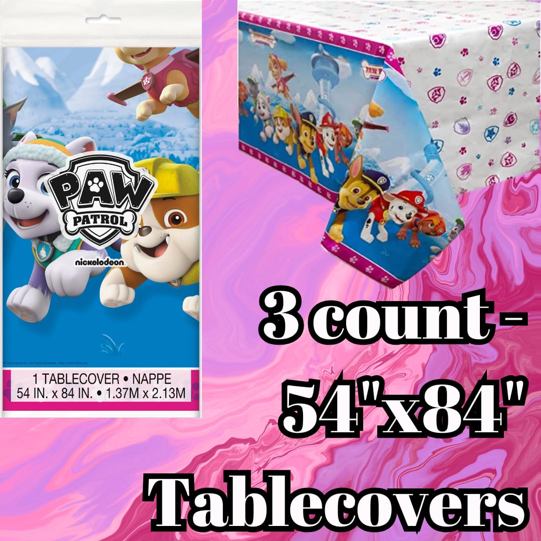 Unique Paw Patrol Party Tablecovers Featuring Skye and Friends, Pink, 54 x 84 Inch, 3 Pack, with Decorative Sparkly Confetti