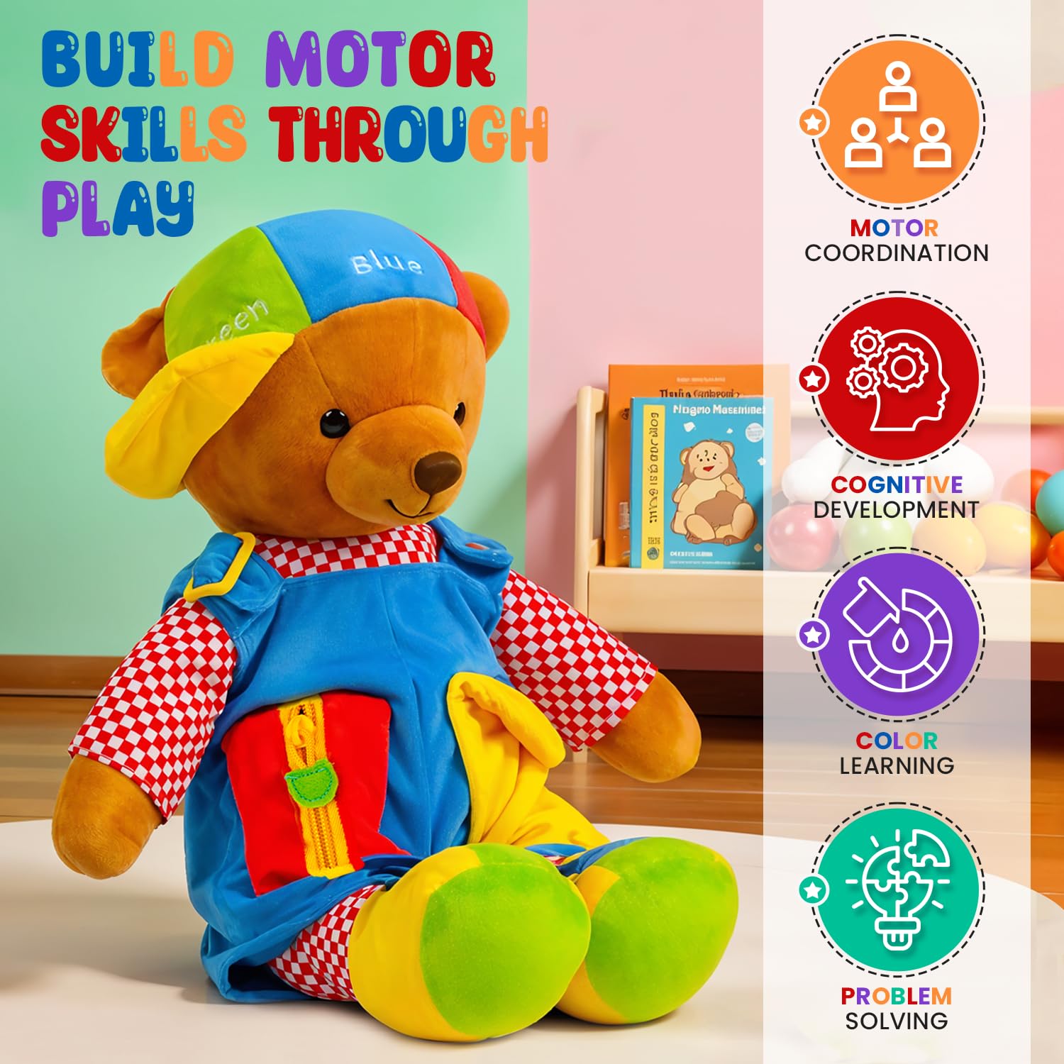Bundaloo Talking Learning Dress-Up Bear for Toddlers - Educational Plush Toy that Talks & Sings ABCs, Zipper Button Shoelace Buckle Skills, 18”