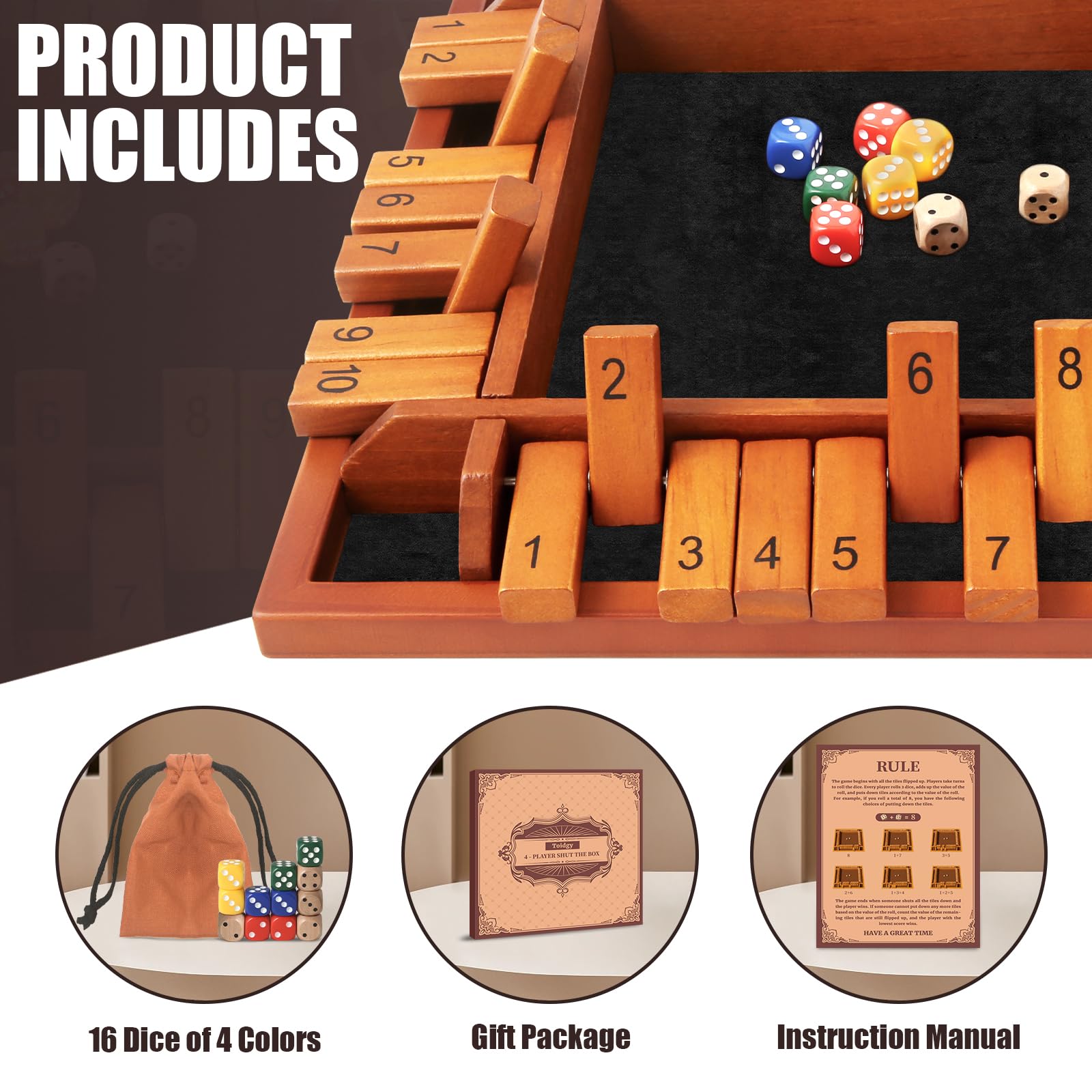 Toidgy 4 Players Shut The Box Dice Games, Wooden Board Table Math Game with 12 Dice and Instructions, Classics Close The Box Board Game for Adults