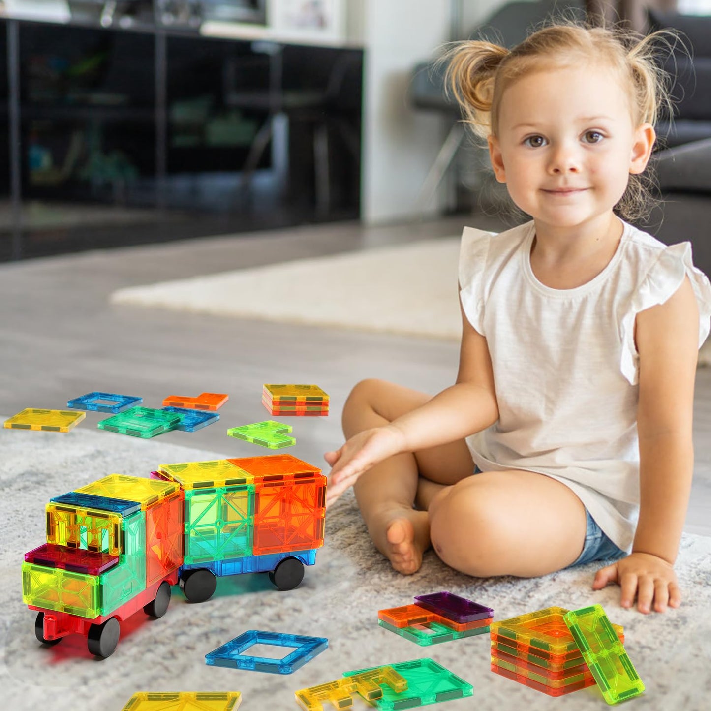 FNJO Magnetic Car Set, Compatible with Magnetic Tiles, 2 Car Trucks