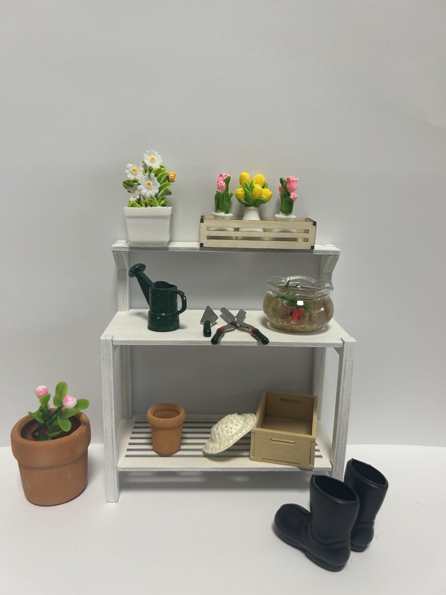 Miniature Scene Building 1:12 Scale Garden Potting Bench Set with Tools, Flowers, Pots and Fish Bowl (Potting Bench)