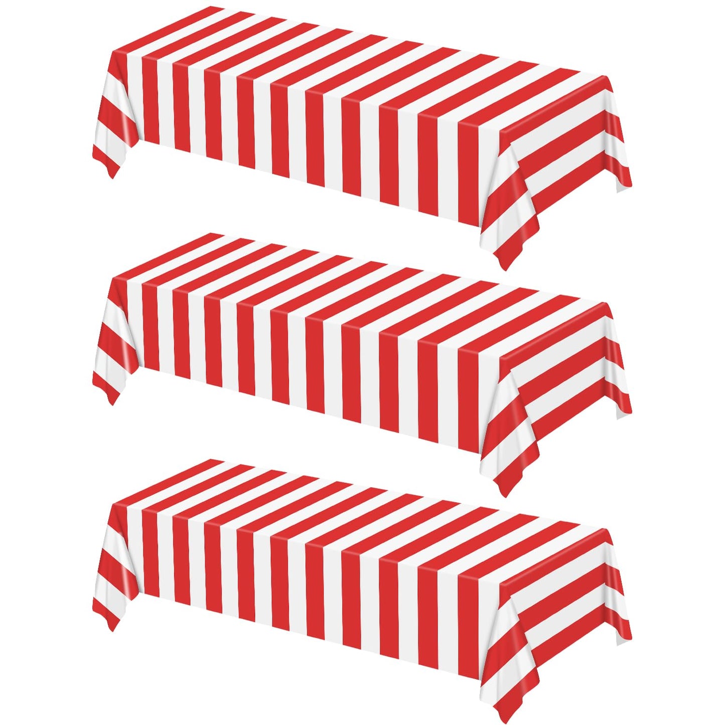 BASHLY 3-Pack Red and White Striped Tablecloths - 86x51 Inch Carnival Table Covers Plastic Disposable Tablecloth for Circus Theme Party, Birthday