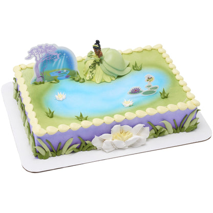 DecoSet® Disney Princess Tiana Cake Topper, 3-Piece Cake Decoration With Tiana And Frog Figurine, Water Lily Pic, And Background Scenery Pic