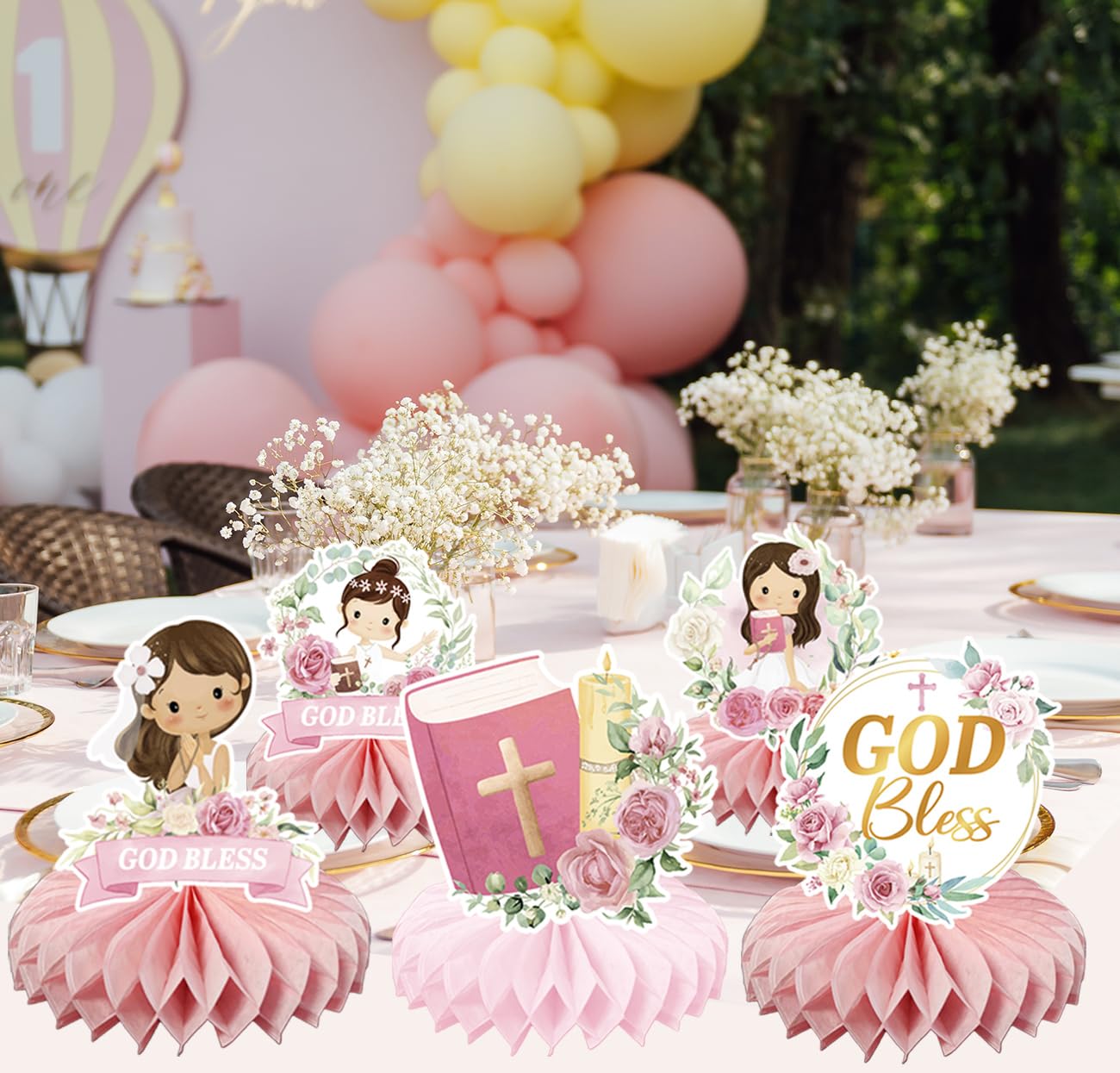 24Pcs Baptism Decorations for Girls, Pink Floral Baptism Centerpieces for Tables, Baptism Decor Honeycomb Centerpiece Double Sided Table Toppers